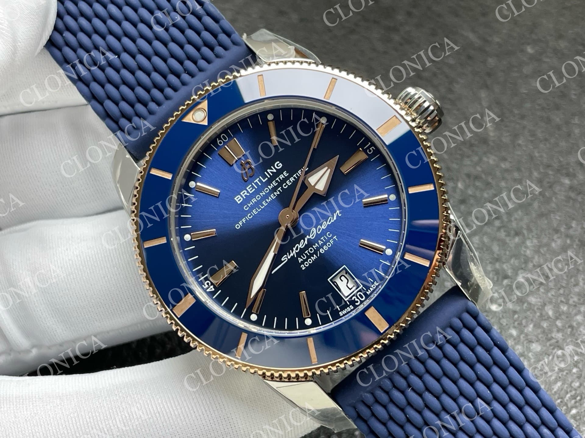 SUPEROCEAN 42MM AB2010 SS/RG BLUE DIAL BLUE CERAMIC BEZEL ON BLUE RUBBER STRAP A2824 — view 2