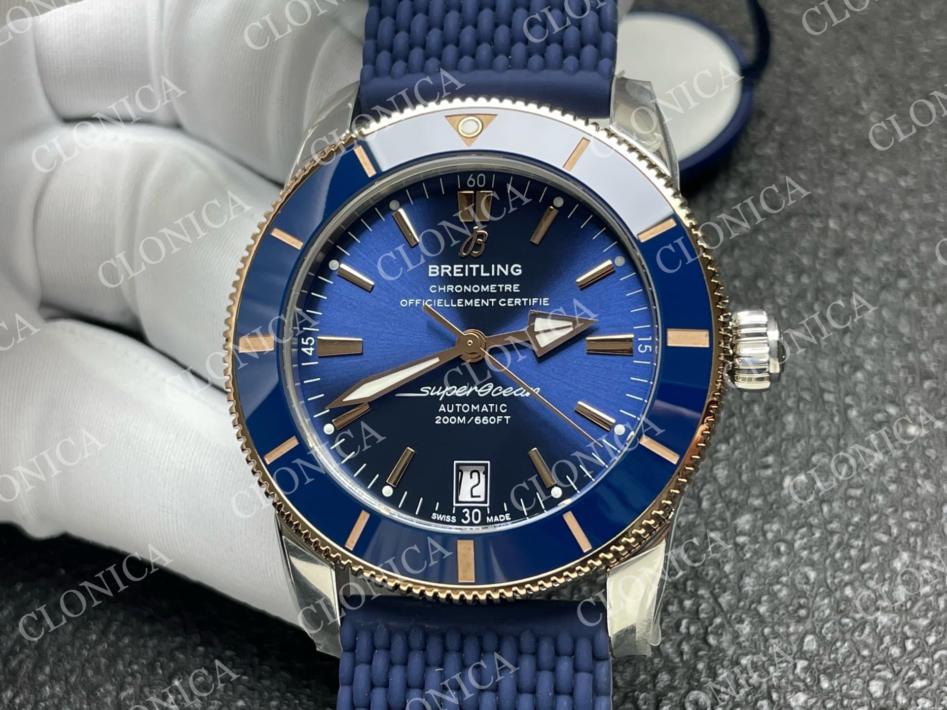 SUPEROCEAN 42MM AB2010 SS/RG BLUE DIAL BLUE CERAMIC BEZEL ON BLUE RUBBER STRAP A2824 — view 3