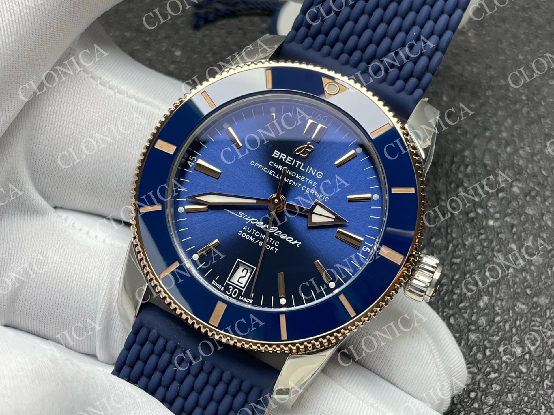 SUPEROCEAN 42MM AB2010 SS/RG BLUE DIAL BLUE CERAMIC BEZEL ON BLUE RUBBER STRAP A2824 — view 4