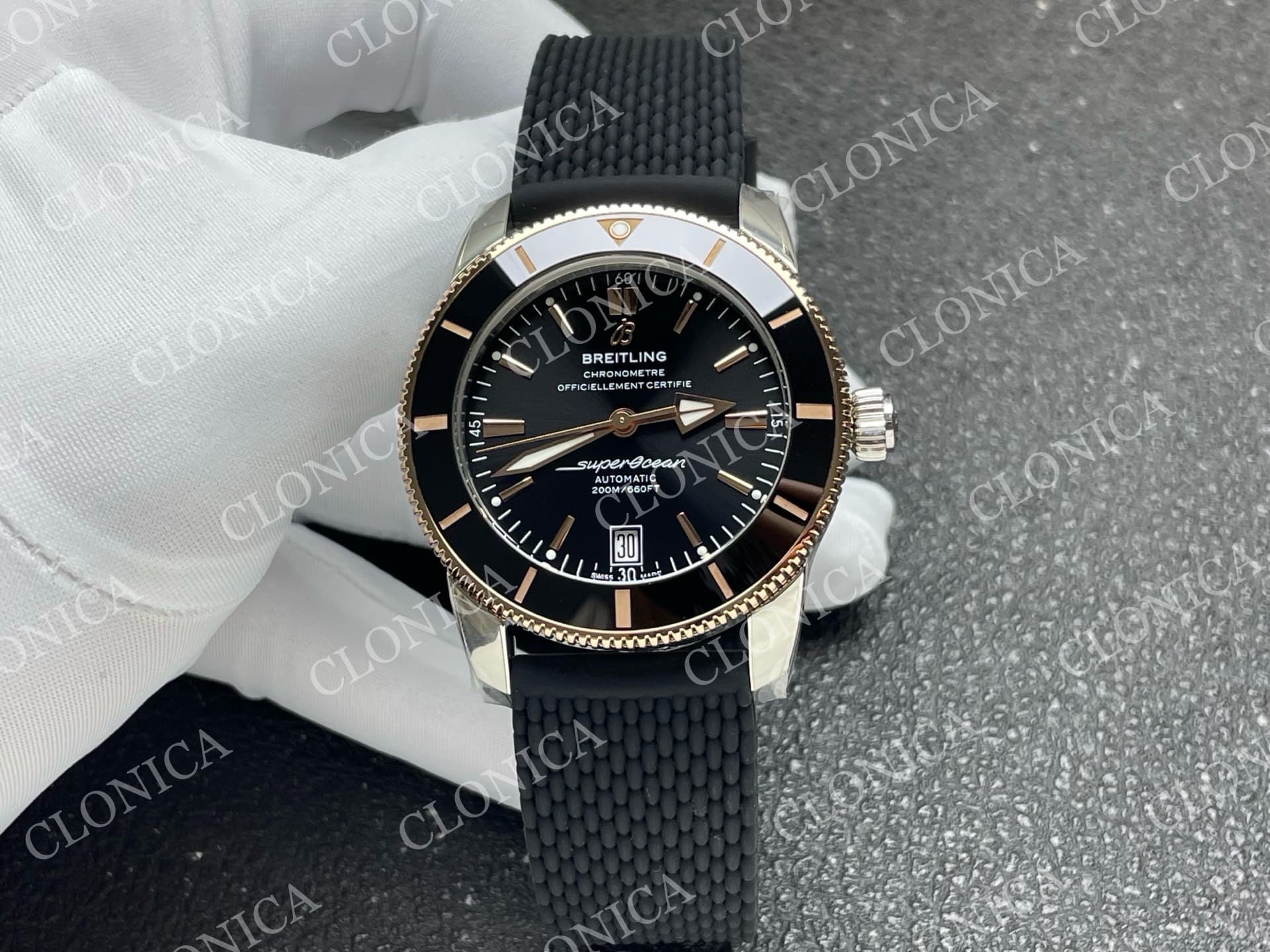 SUPEROCEAN 42MM AB2010 SS/RG BLACK DIAL BLACK CERAMIC BEZEL ON BLACK RUBBER STRAP A2824 — view 1