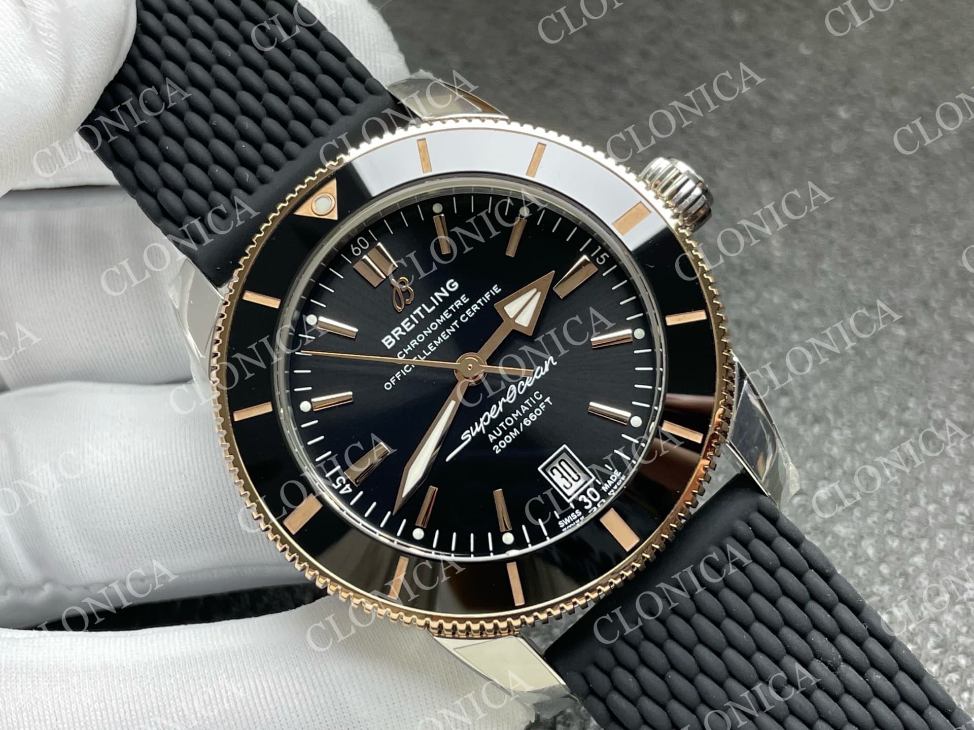 SUPEROCEAN 42MM AB2010 SS/RG BLACK DIAL BLACK CERAMIC BEZEL ON BLACK RUBBER STRAP A2824 — view 2