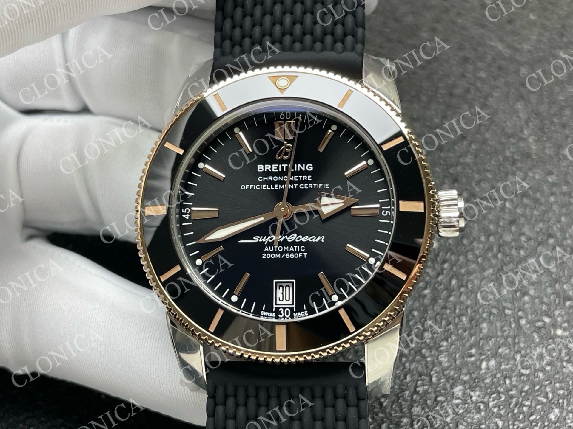 SUPEROCEAN 42MM AB2010 SS/RG BLACK DIAL BLACK CERAMIC BEZEL ON BLACK RUBBER STRAP A2824 — view 3