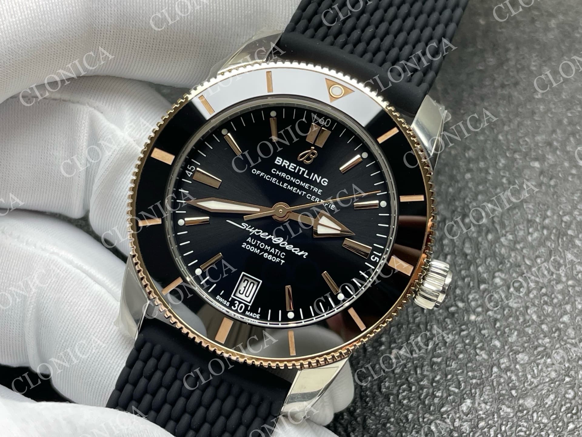 SUPEROCEAN 42MM AB2010 SS/RG BLACK DIAL BLACK CERAMIC BEZEL ON BLACK RUBBER STRAP A2824 — view 4