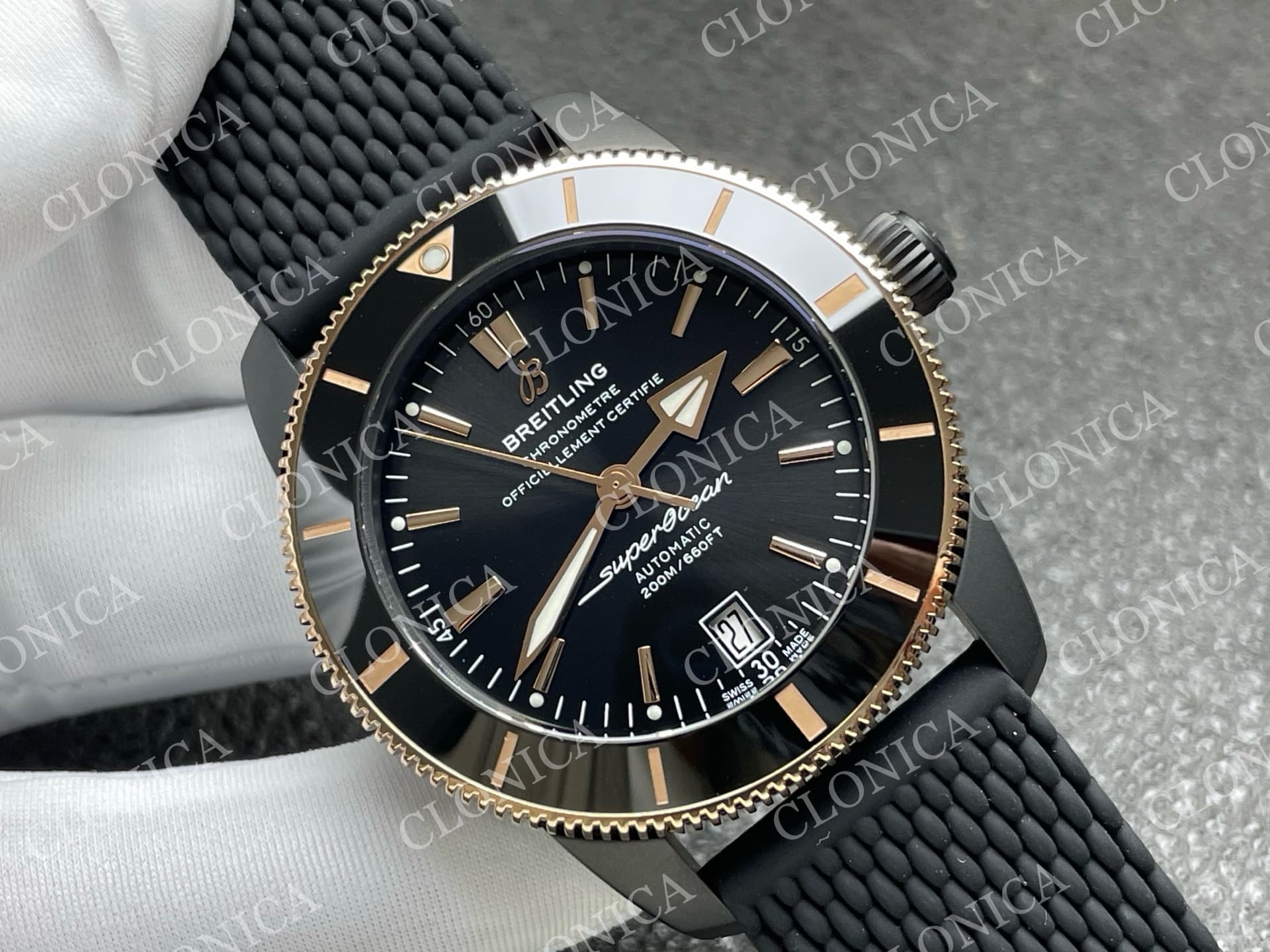 SUPEROCEAN 42MM AB2010 RG BLACK DIAL BLACK CERAMIC BEZEL ON BLACK RUBBER STRAP A2824 — view 2
