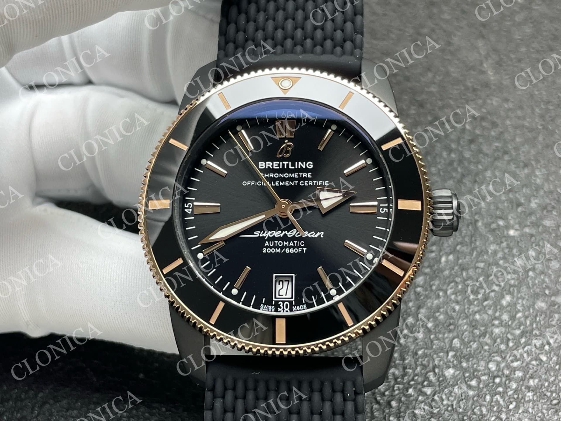 SUPEROCEAN 42MM AB2010 RG BLACK DIAL BLACK CERAMIC BEZEL ON BLACK RUBBER STRAP A2824 — view 3