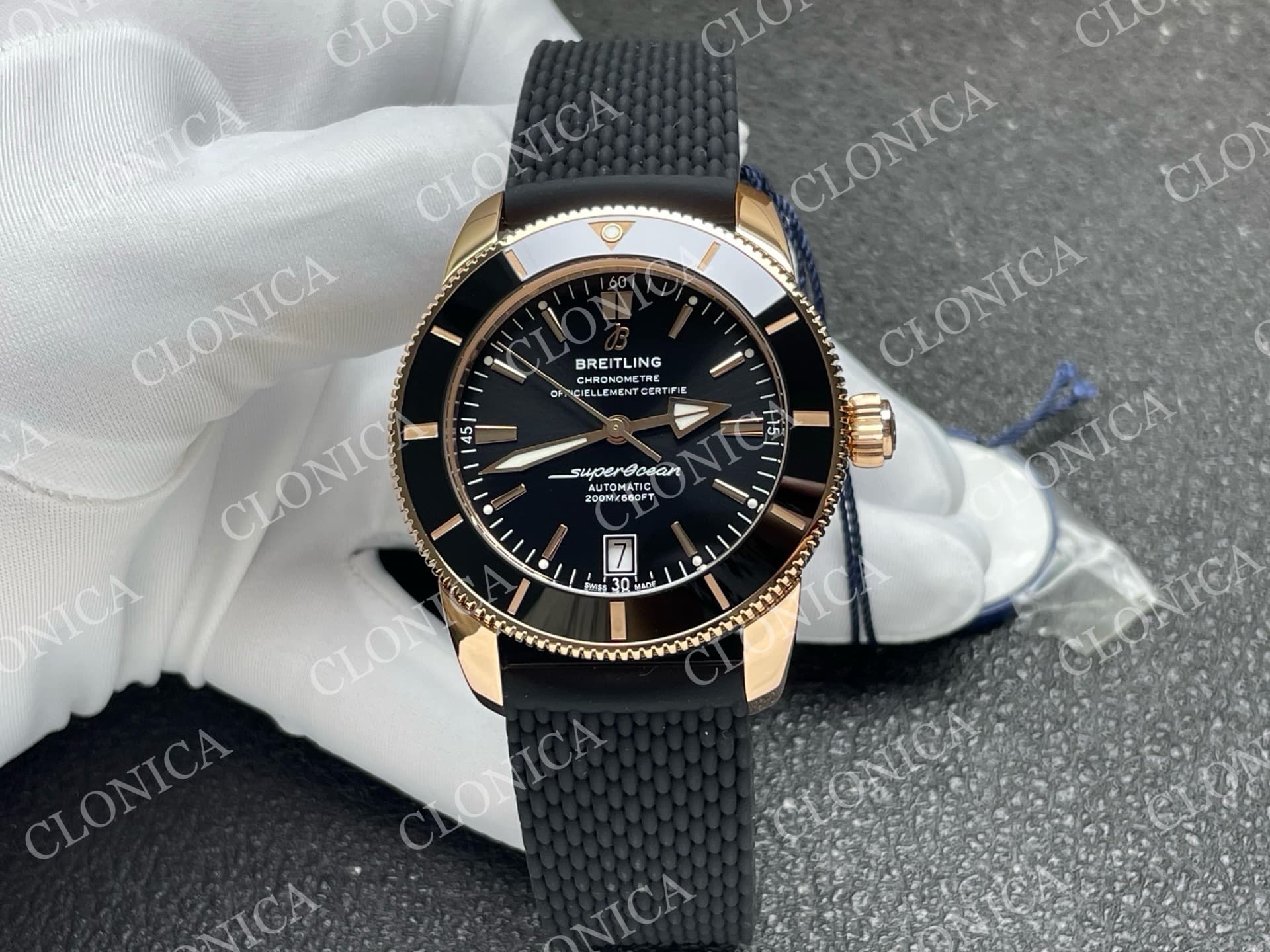 SUPEROCEAN 42MM AB2010 RG BLACK DIAL BLACK CERAMIC BEZEL ON BLACK RUBBER STRAP A2824 — view 1