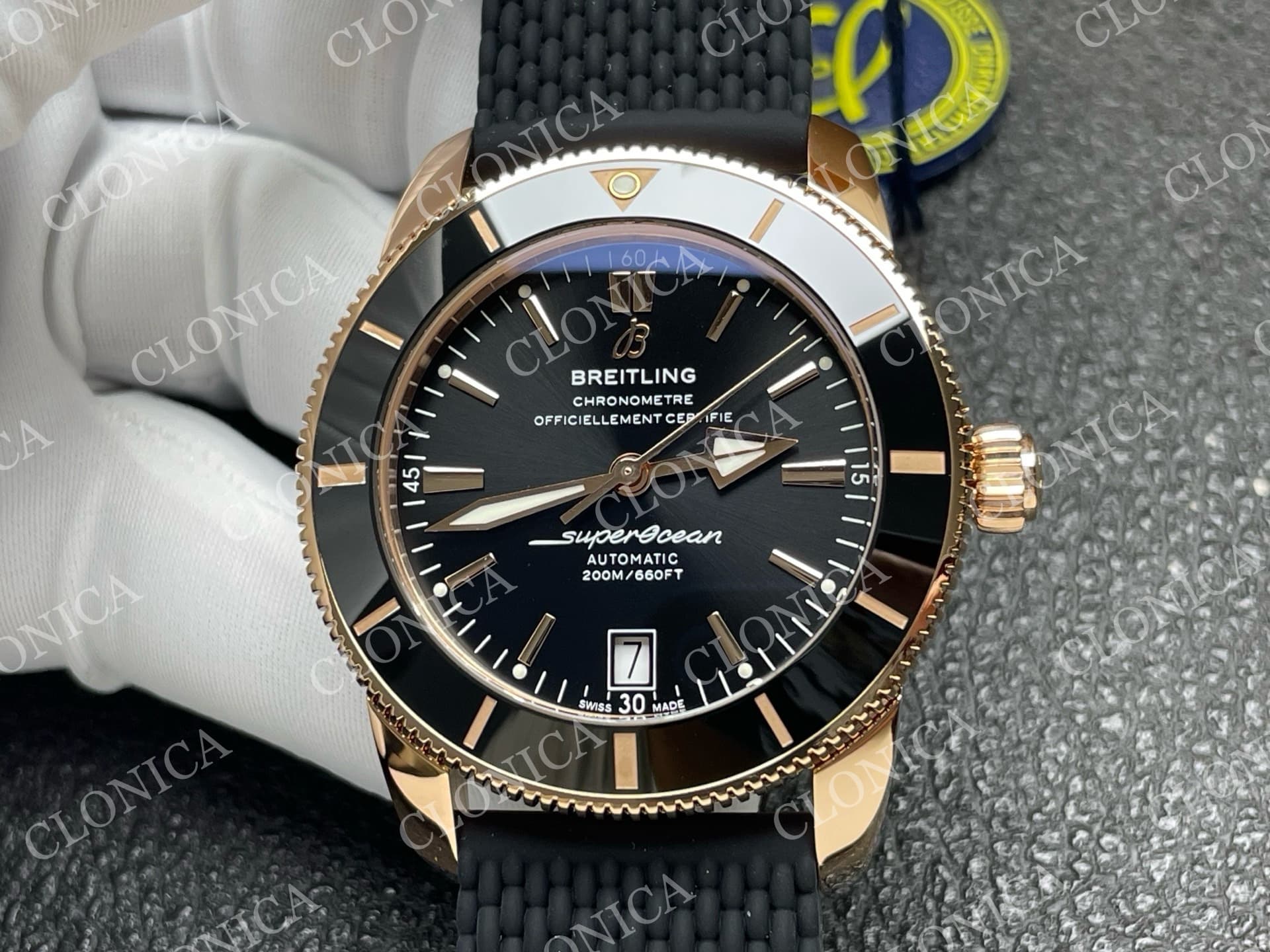 SUPEROCEAN 42MM AB2010 RG BLACK DIAL BLACK CERAMIC BEZEL ON BLACK RUBBER STRAP A2824 — view 3