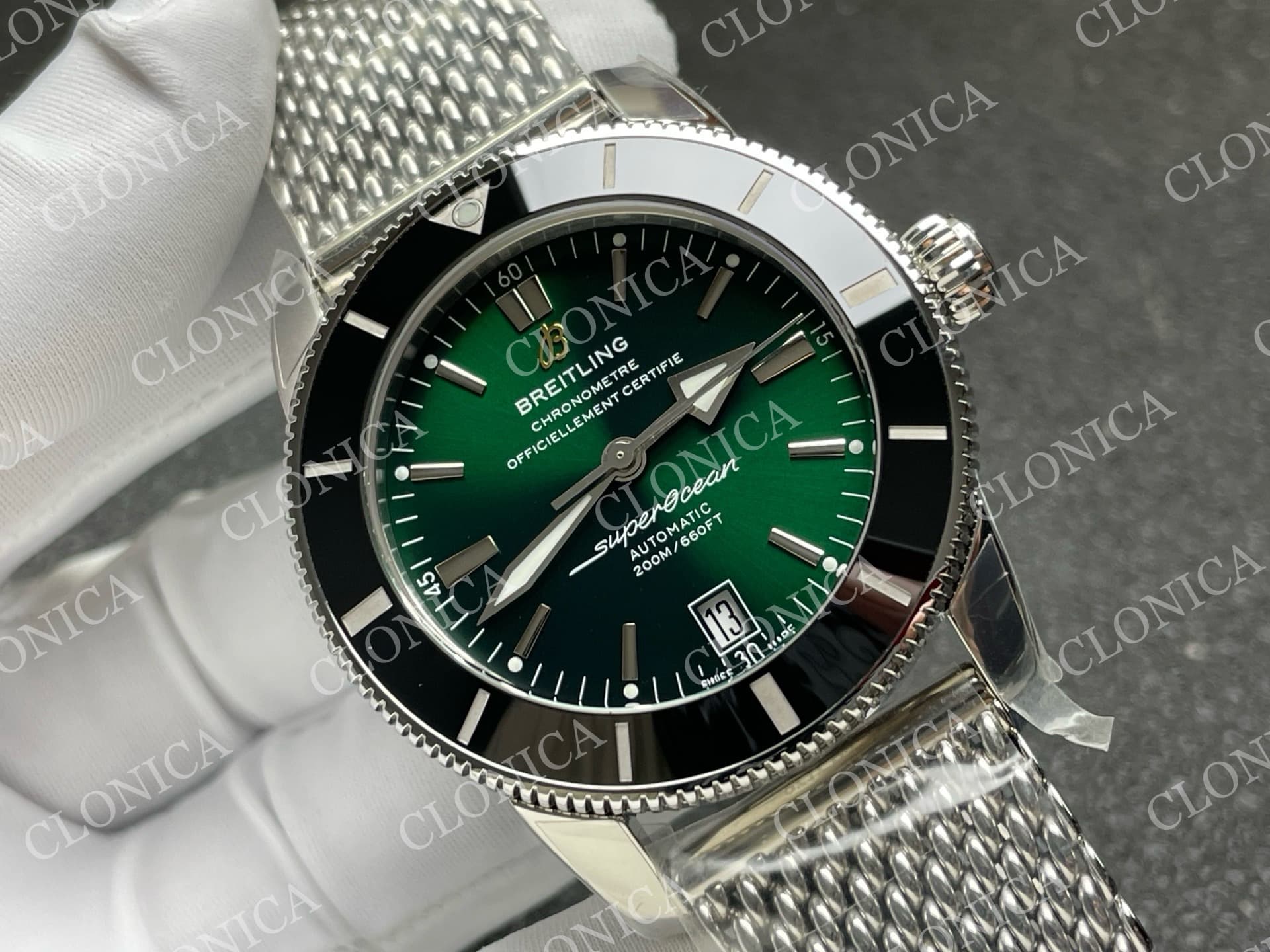 SUPEROCEAN 42MM AB2010 SS GREEN DIAL BLACK CERAMIC BEZEL ON SS BRACELET A2824 — view 2