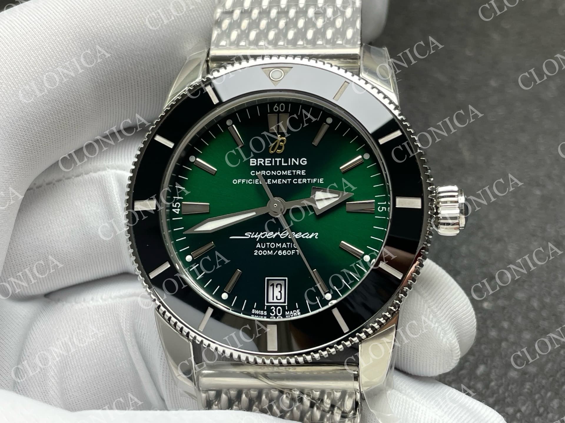 SUPEROCEAN 42MM AB2010 SS GREEN DIAL BLACK CERAMIC BEZEL ON SS BRACELET A2824 — view 3