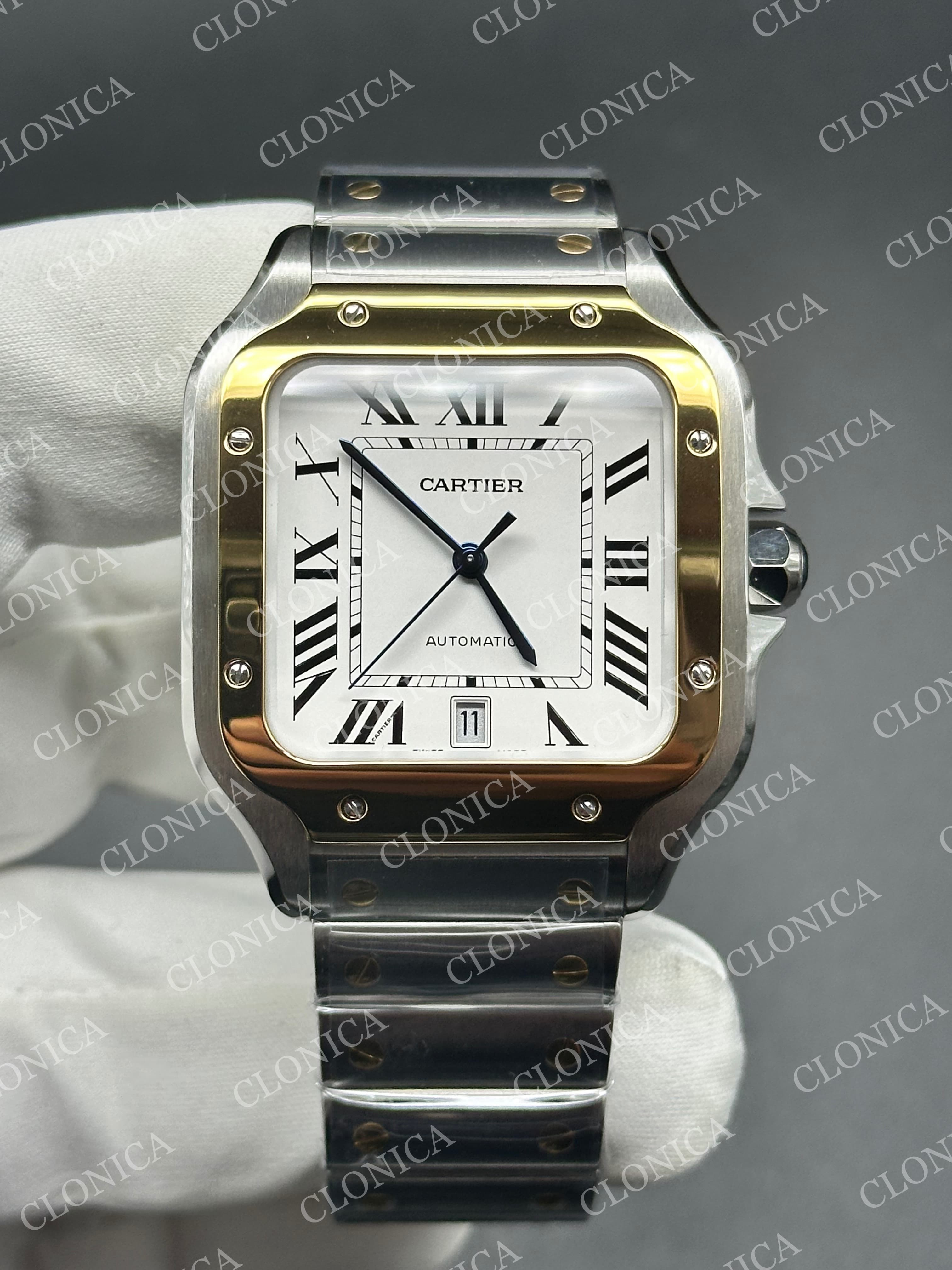 SANTOS DE CARTIER 40MM 1:1 WHITE DIAL ON YG 2 TONE SMARTLINKS BRACELET