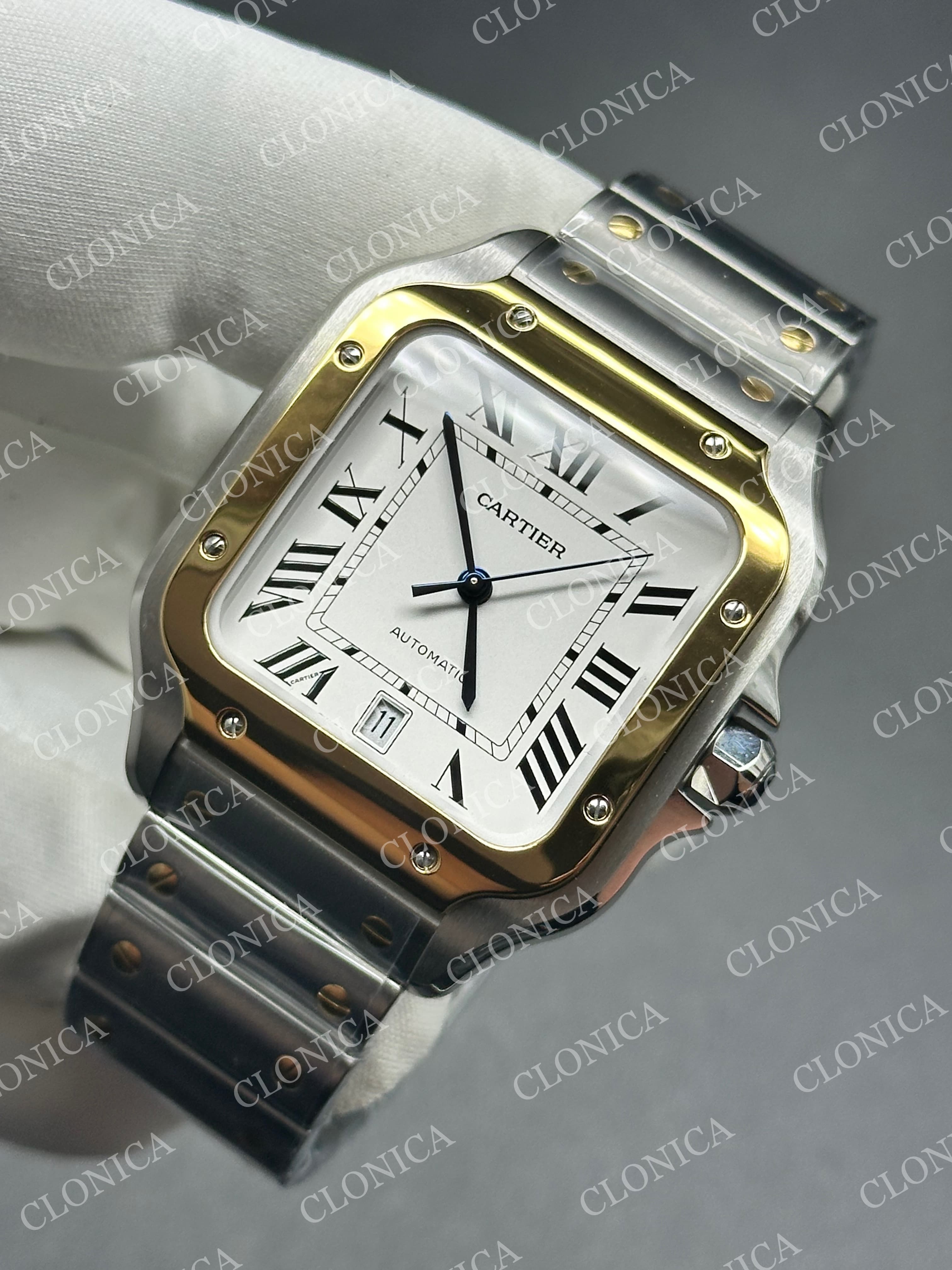 SANTOS DE CARTIER 40MM 1:1 WHITE DIAL ON YG 2 TONE SMARTLINKS BRACELET — view 3