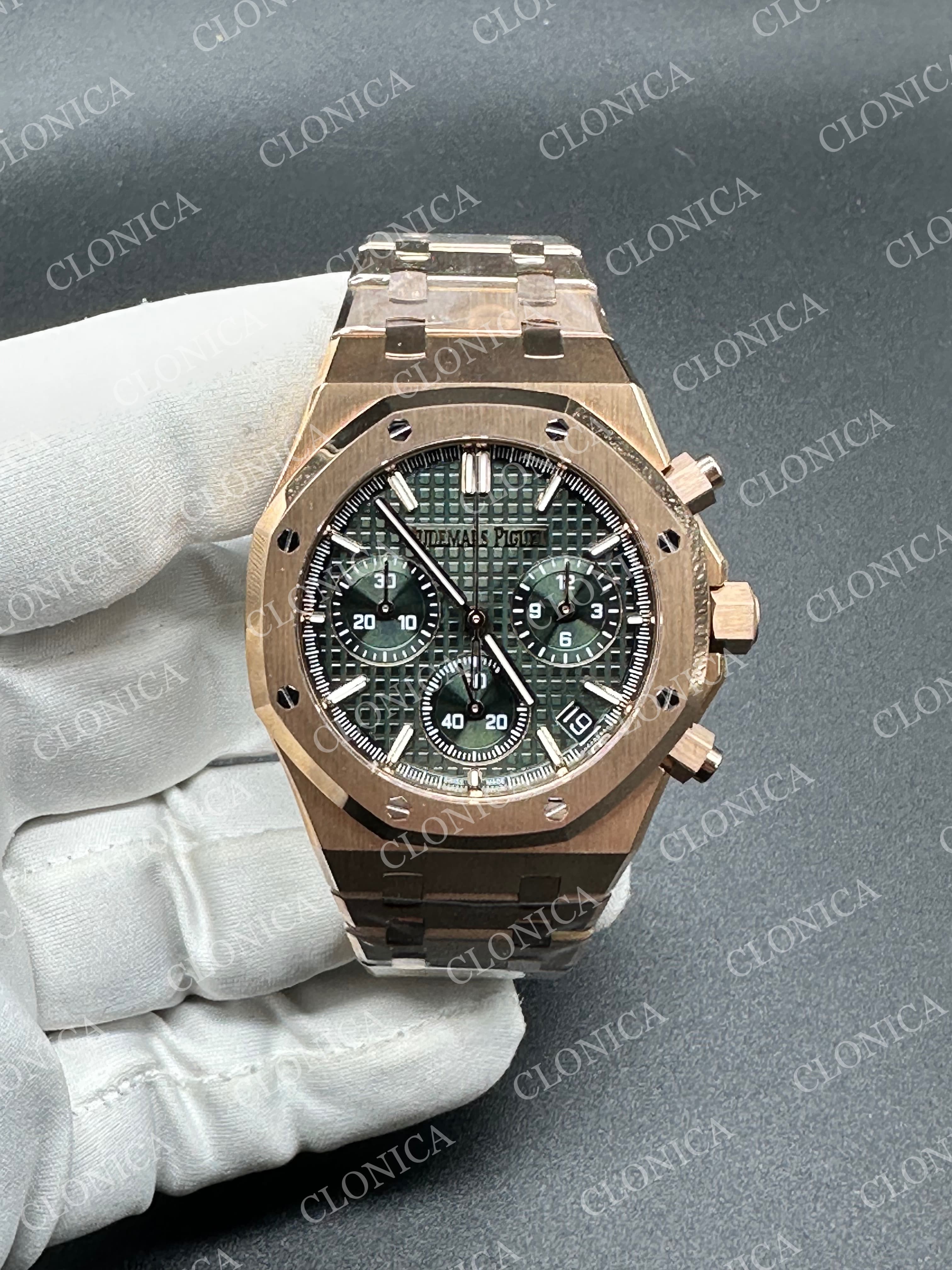 ROYAL OAK CHRONO 26240 RG GREEN DIAL ON RG BRACELET SA4401 SUPER CLONE — view 1