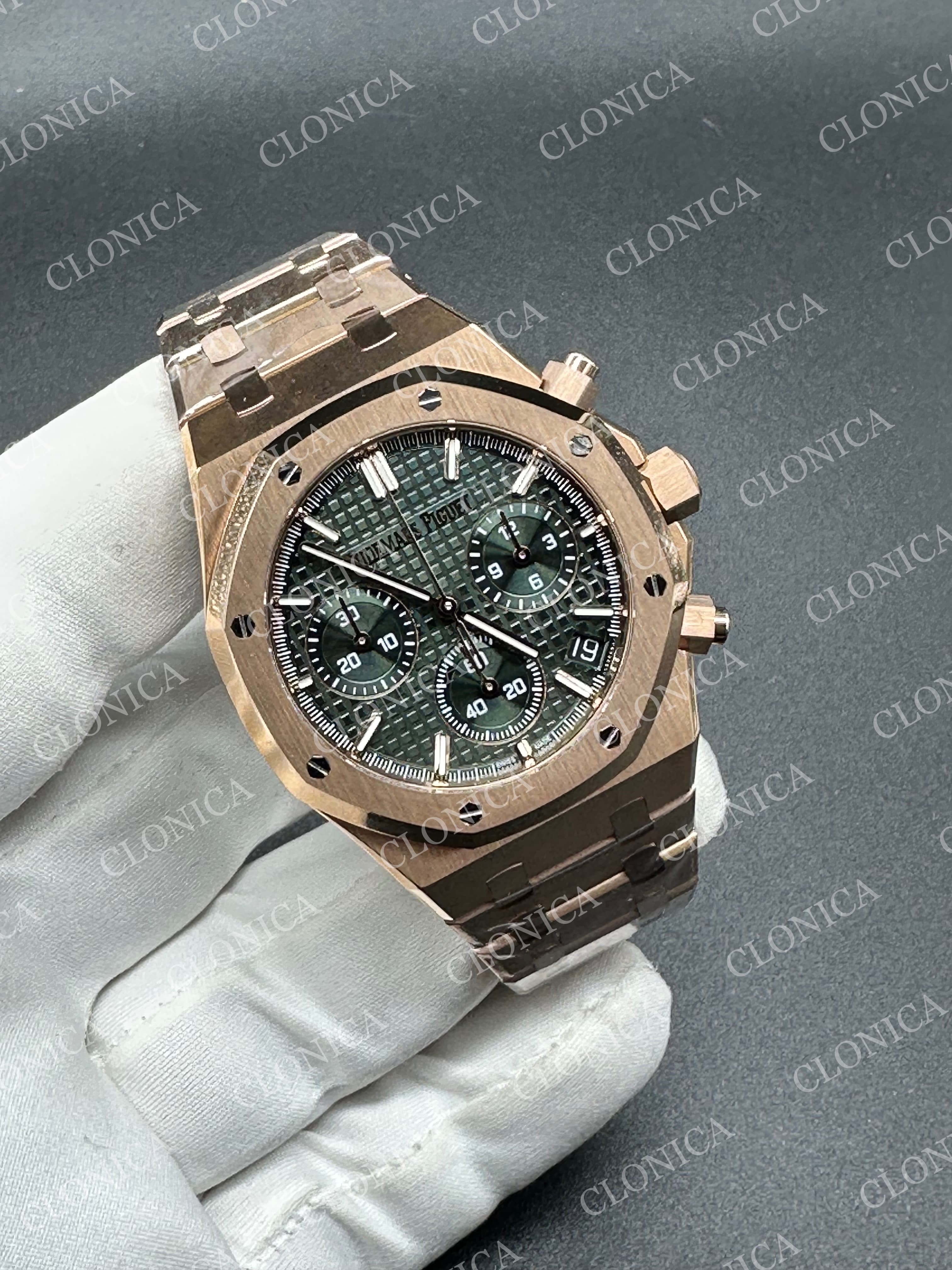 ROYAL OAK CHRONO 26240 RG GREEN DIAL ON RG BRACELET SA4401 SUPER CLONE — view 2