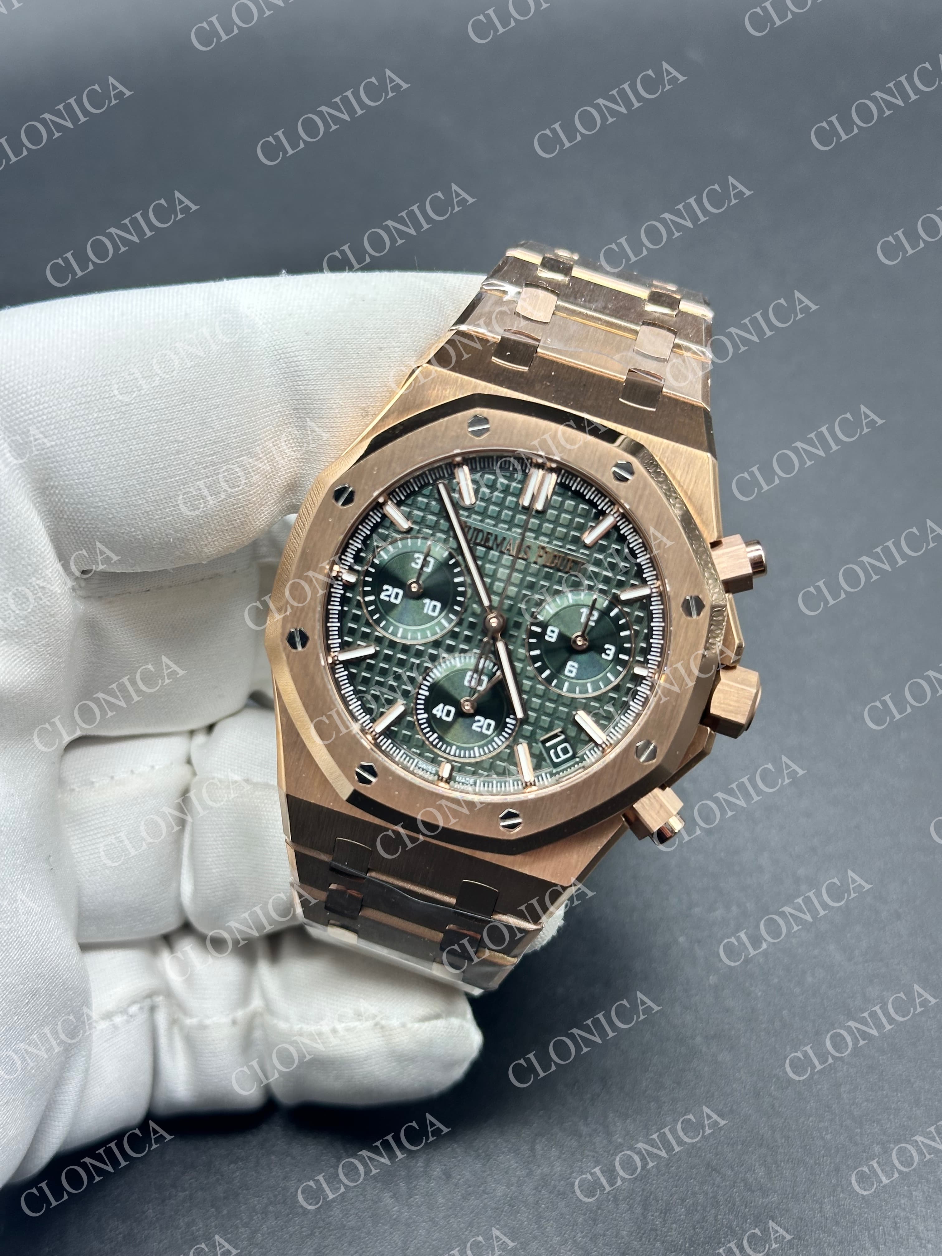 ROYAL OAK CHRONO 26240 RG GREEN DIAL ON RG BRACELET SA4401 SUPER CLONE — view 3