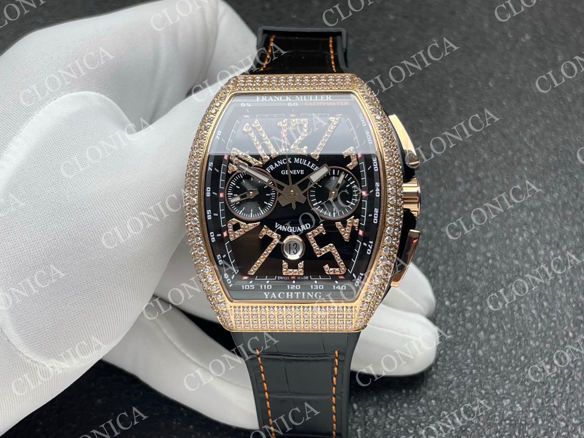 VANGUARD V45 CHRONO BRUSHED SS PAVE CRYSTALS BLACK DIAL — view 1