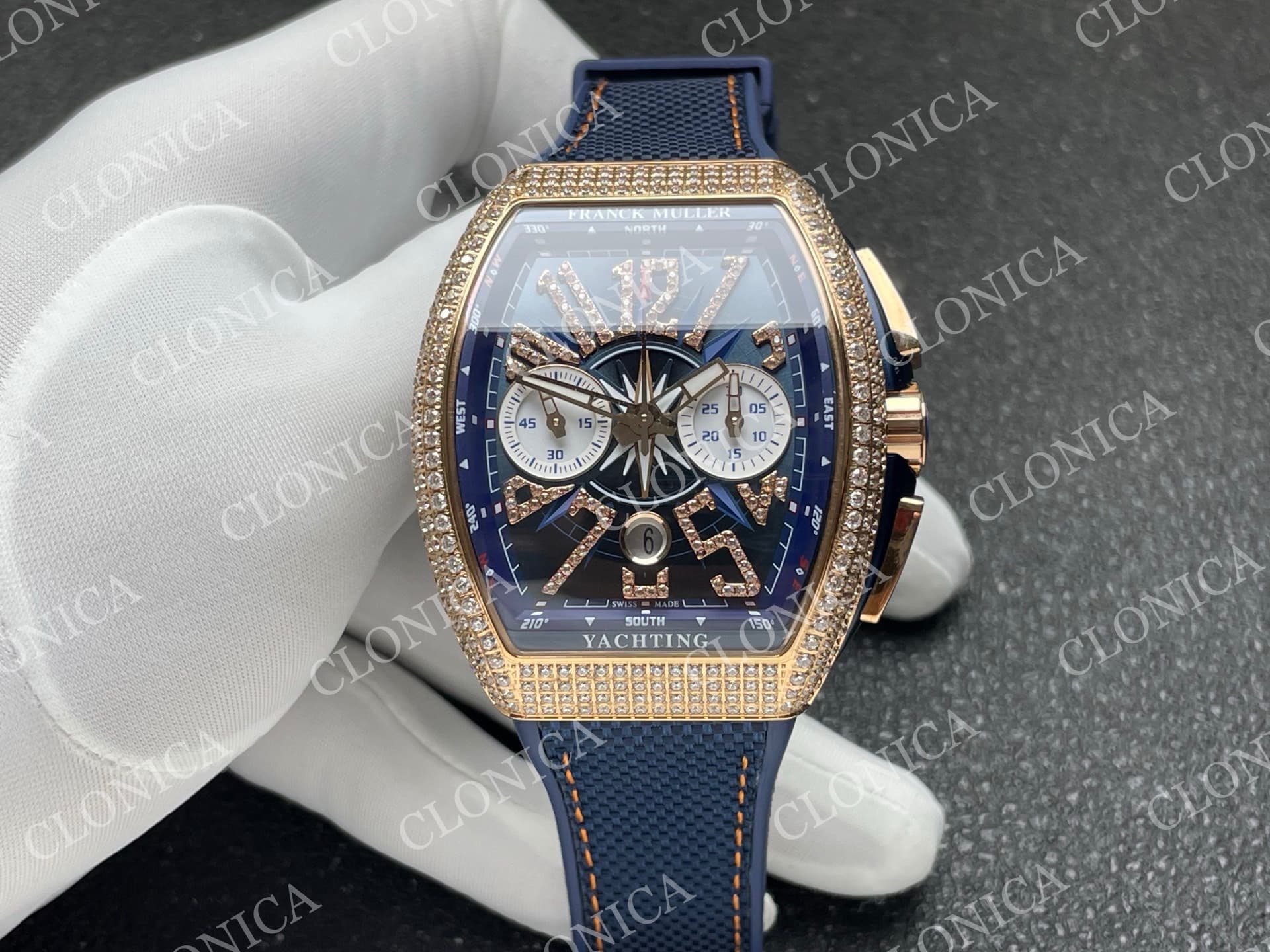 VANGUARD V45 CHRONO BRUSHED SS PAVE CRYSTALS BLUE DIAL — view 1