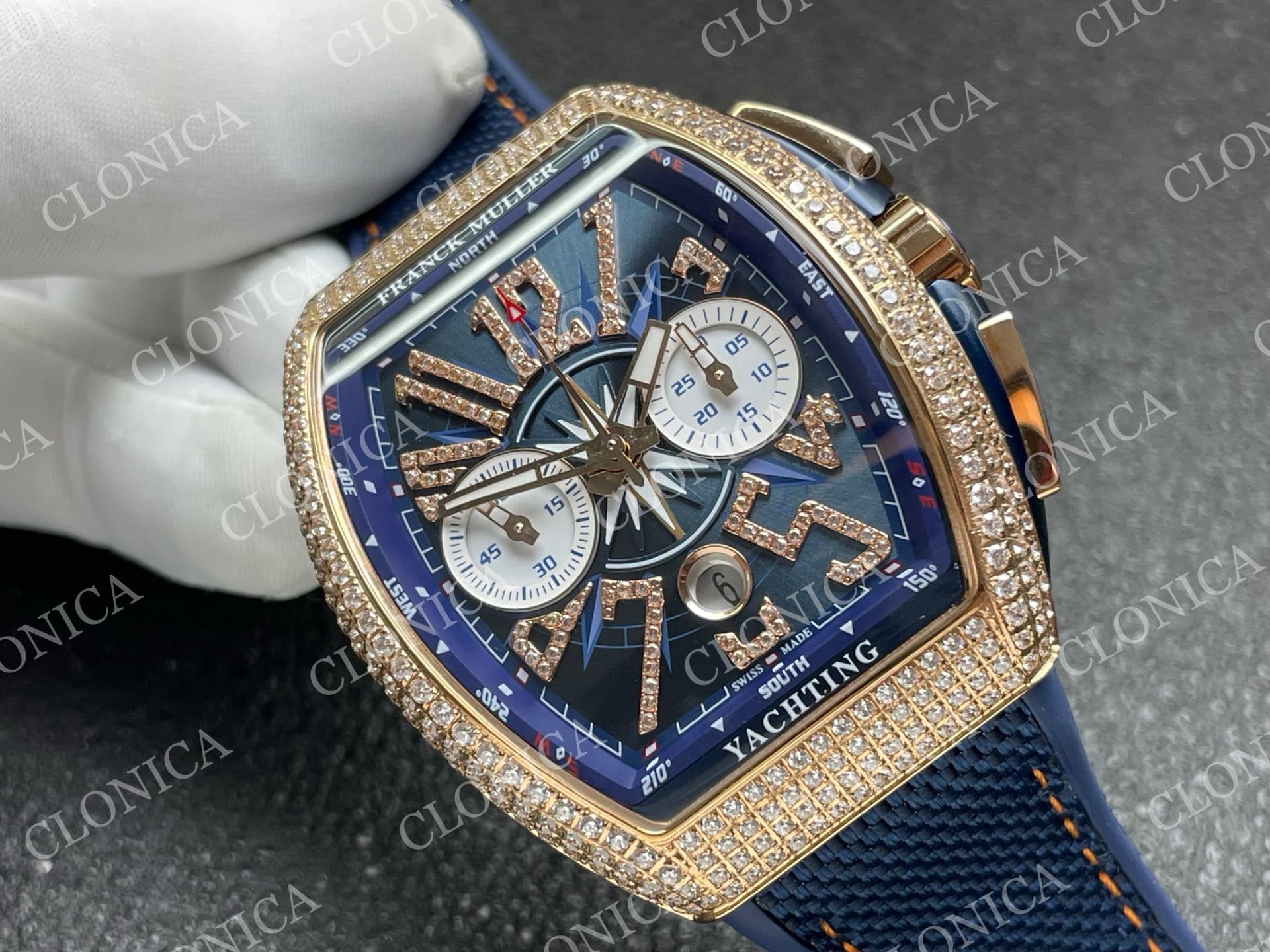 VANGUARD V45 CHRONO BRUSHED SS PAVE CRYSTALS BLUE DIAL — view 2