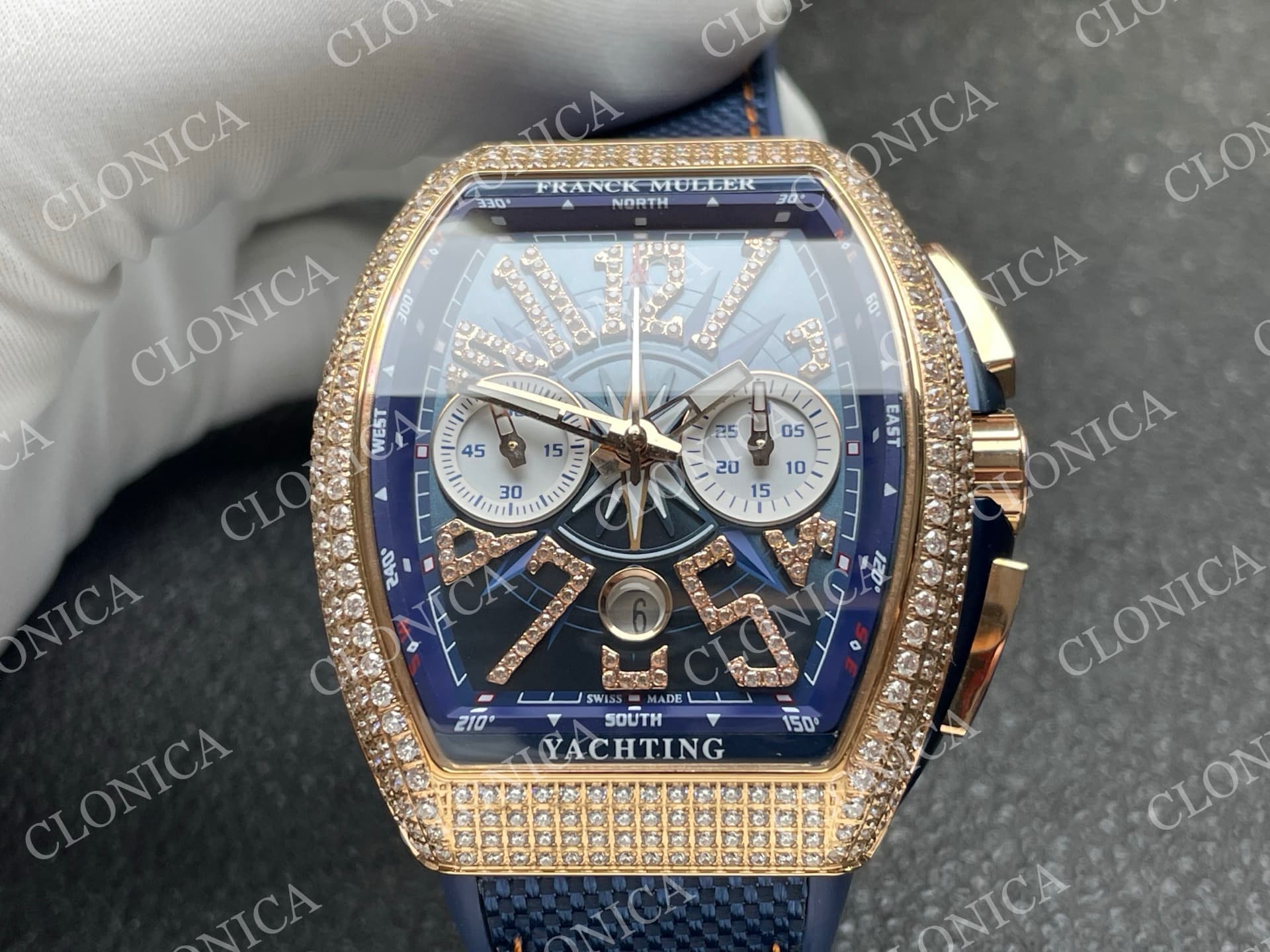 VANGUARD V45 CHRONO BRUSHED SS PAVE CRYSTALS BLUE DIAL — view 3