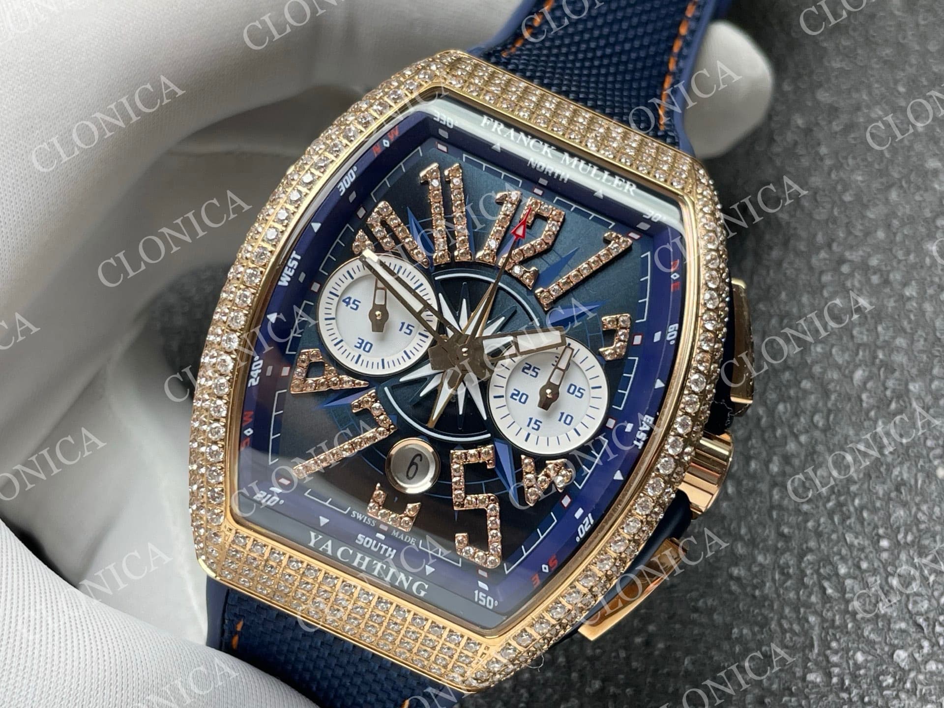 VANGUARD V45 CHRONO BRUSHED SS PAVE CRYSTALS BLUE DIAL — view 4