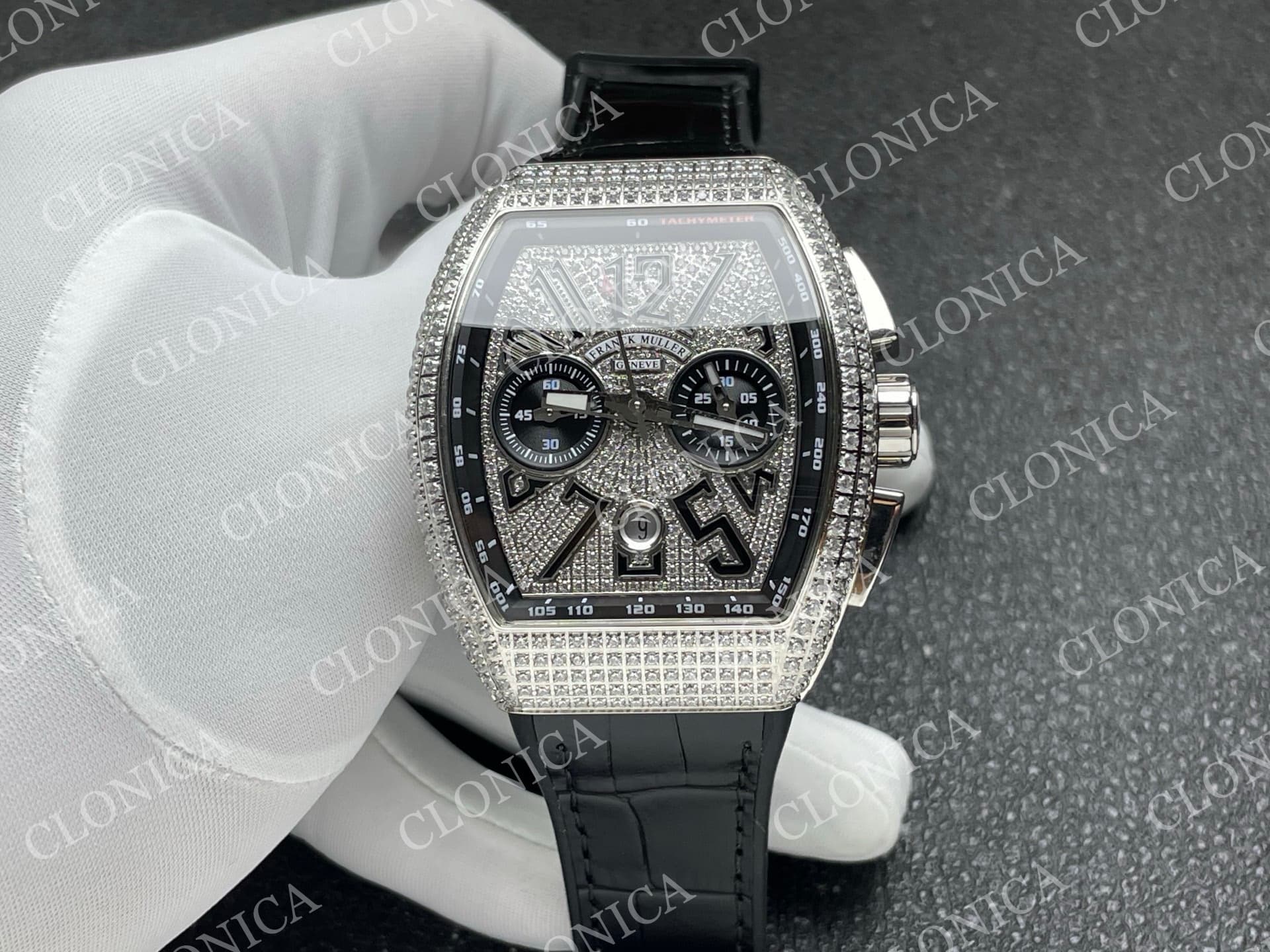 VANGUARD V45 CHRONO BRUSHED SS PAVE CRYSTALS DIAMOND DIAL — view 1