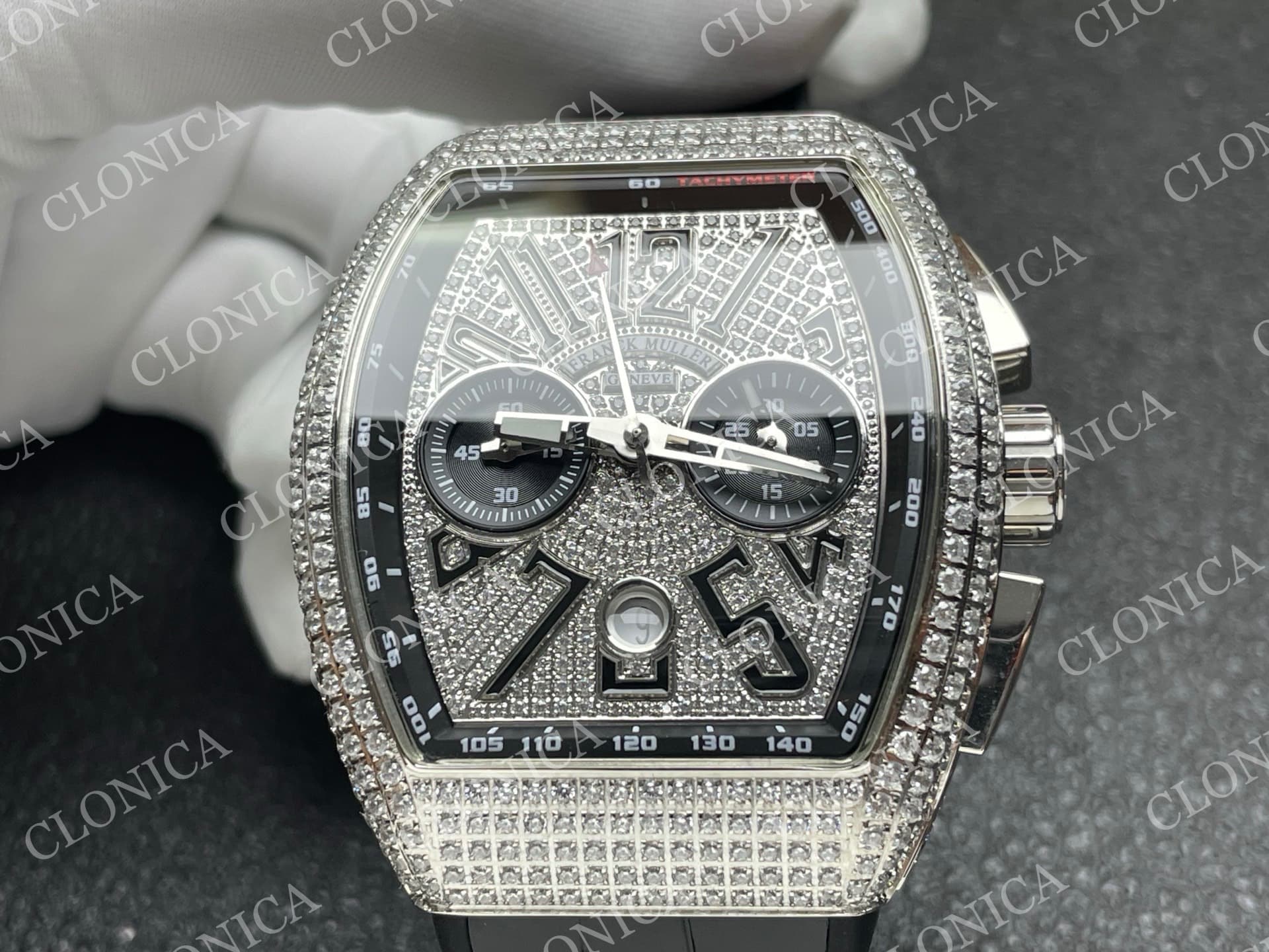 VANGUARD V45 CHRONO BRUSHED SS PAVE CRYSTALS DIAMOND DIAL — view 3
