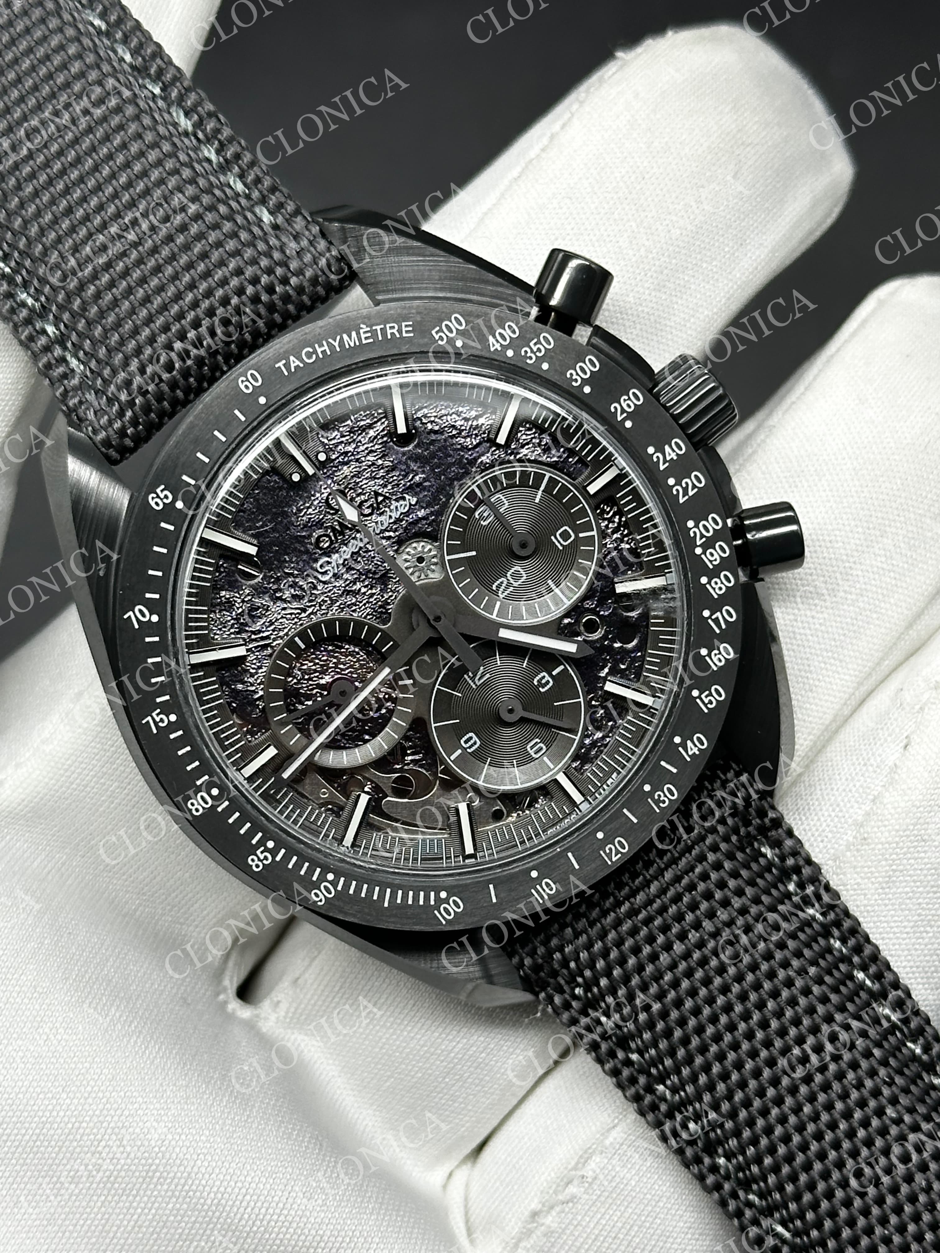 SPEEDMASTER 44MM CERAMIC GRAY SKELETON DIAL GRAY HANDS ON GRAY LEATHER STRAP — view 2