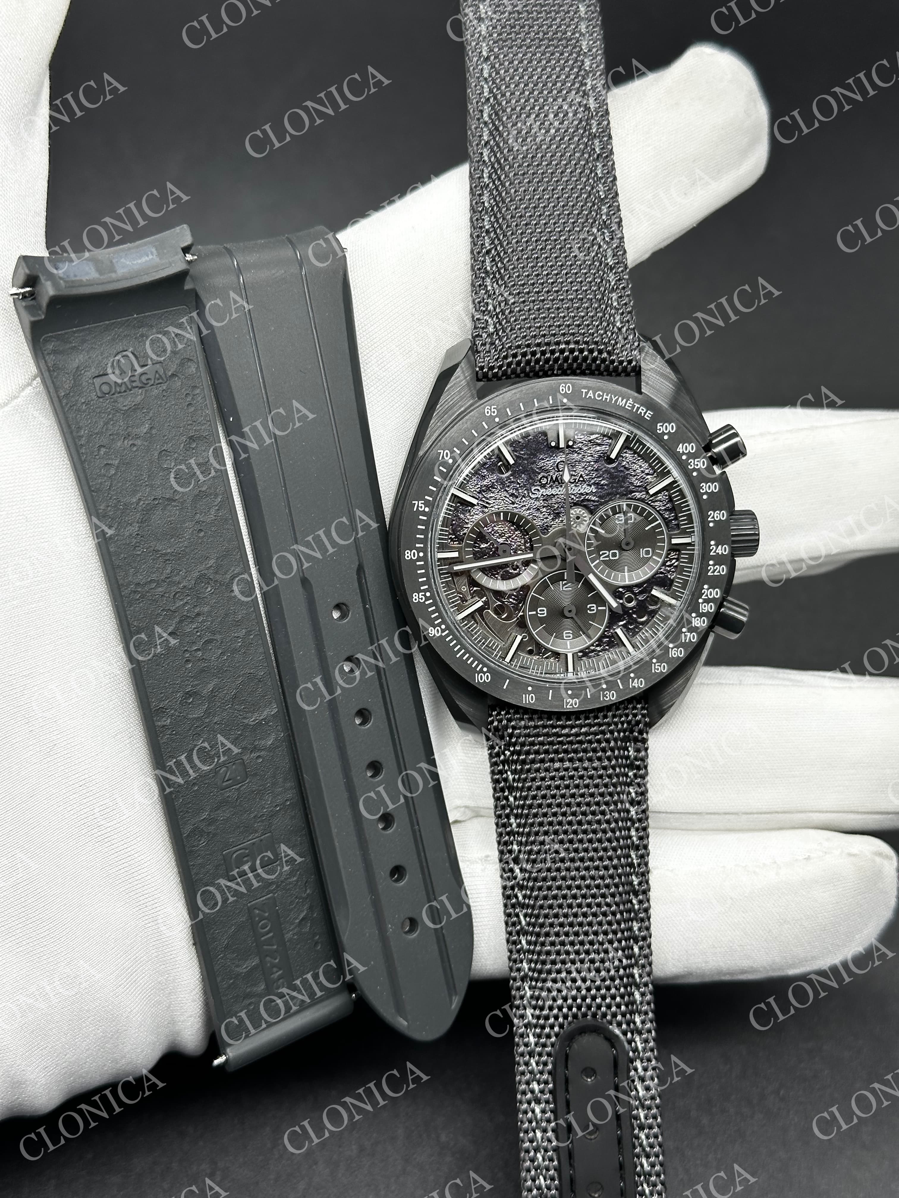 SPEEDMASTER 44MM CERAMIC GRAY SKELETON DIAL GRAY HANDS ON GRAY LEATHER STRAP — view 9