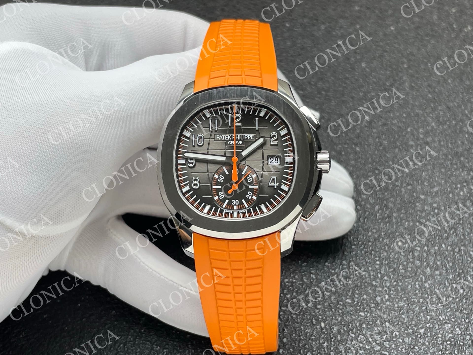 AQUANAUT 5968 SS GRAY DIAL ON ORANGE RUBBER STRAP — view 1