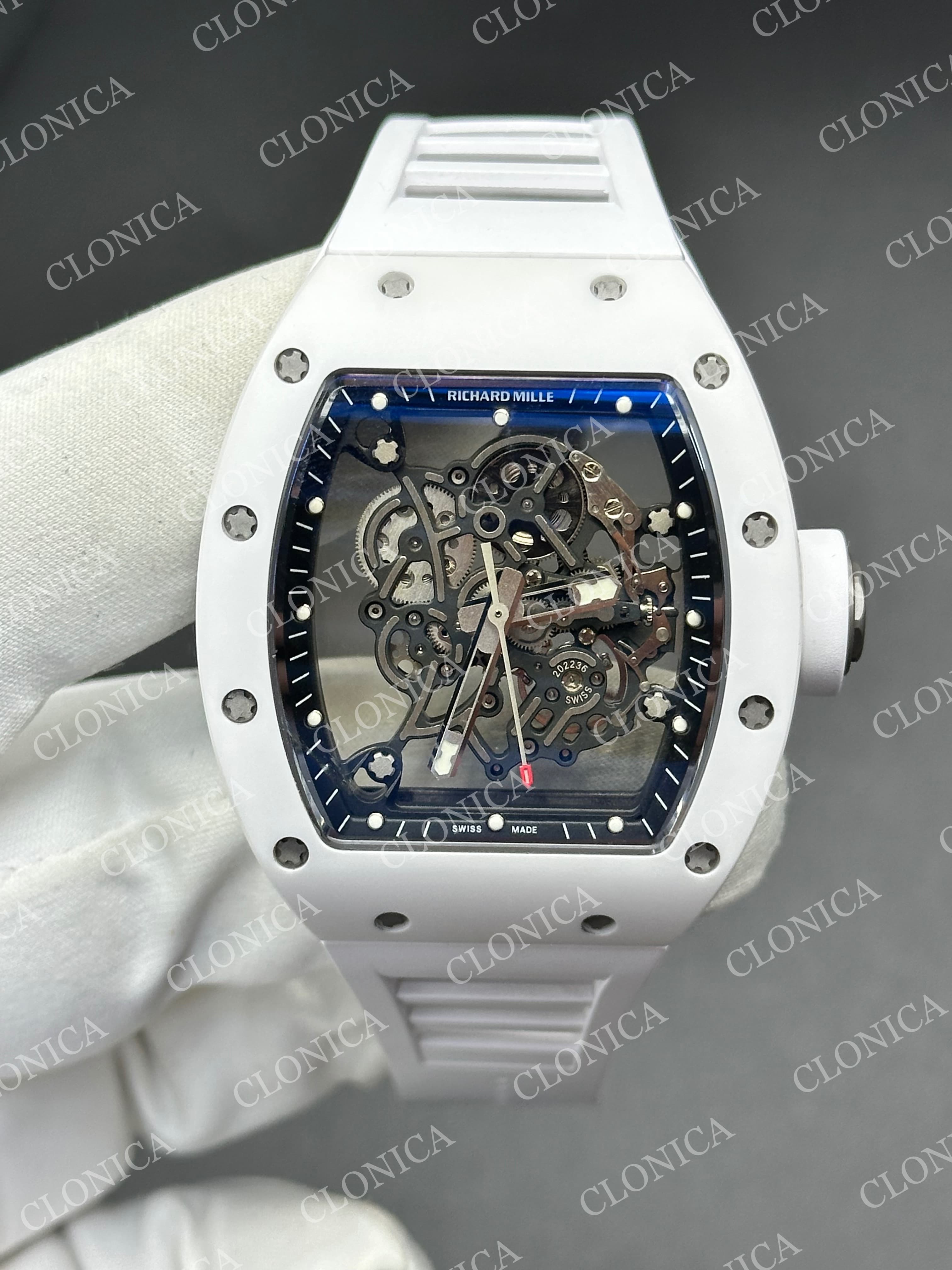 RM055 WHITE CERAMIC BLACK INNER BEZEL ON WHITE RUBBER STRAP RMUL2 — view 1