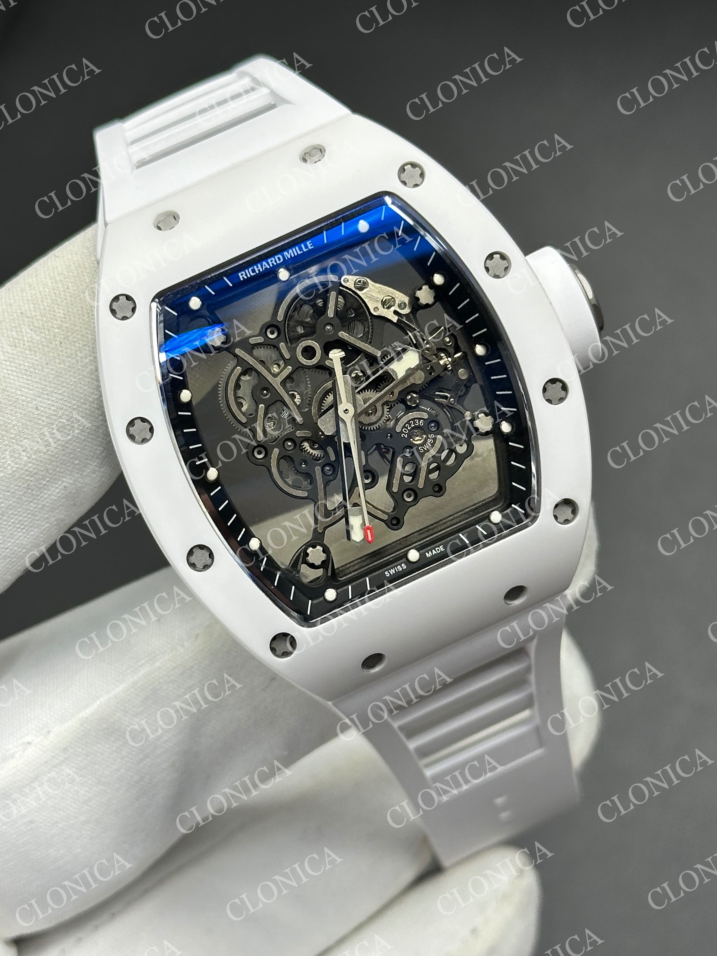 RM055 WHITE CERAMIC BLACK INNER BEZEL ON WHITE RUBBER STRAP RMUL2 — view 2