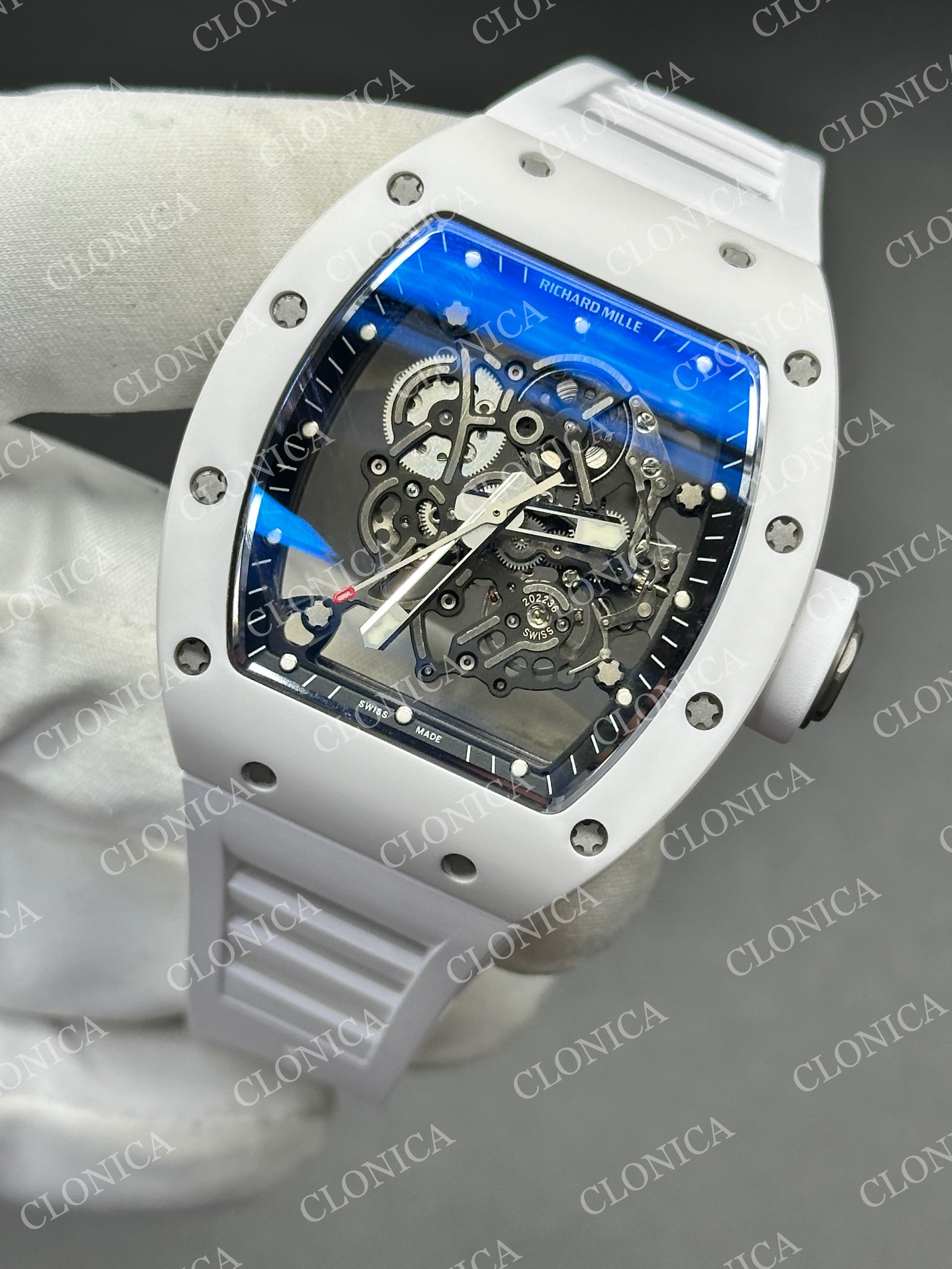 RM055 WHITE CERAMIC BLACK INNER BEZEL ON WHITE RUBBER STRAP RMUL2 — view 3