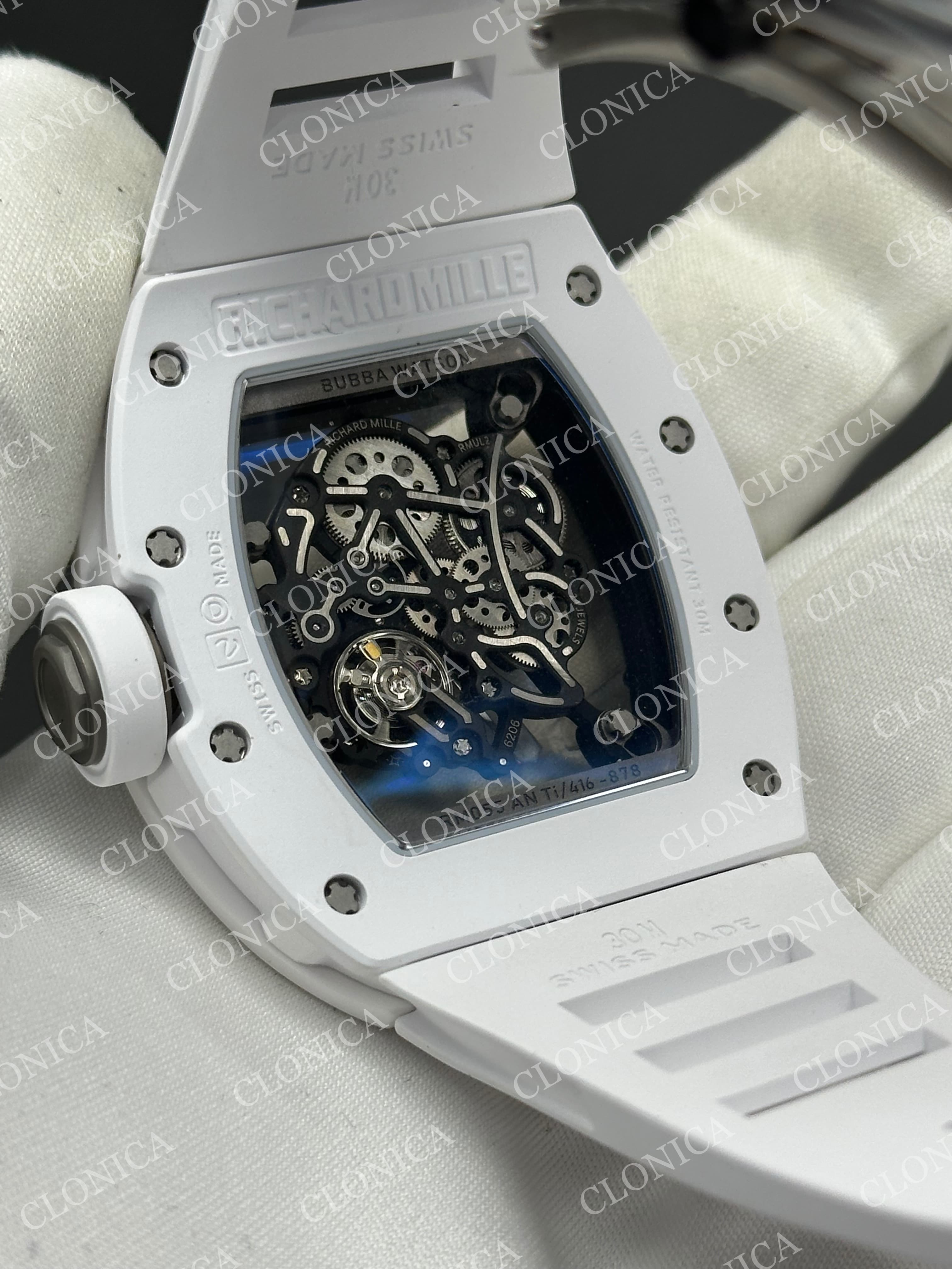 RM055 WHITE CERAMIC BLACK INNER BEZEL ON WHITE RUBBER STRAP RMUL2 — view 5