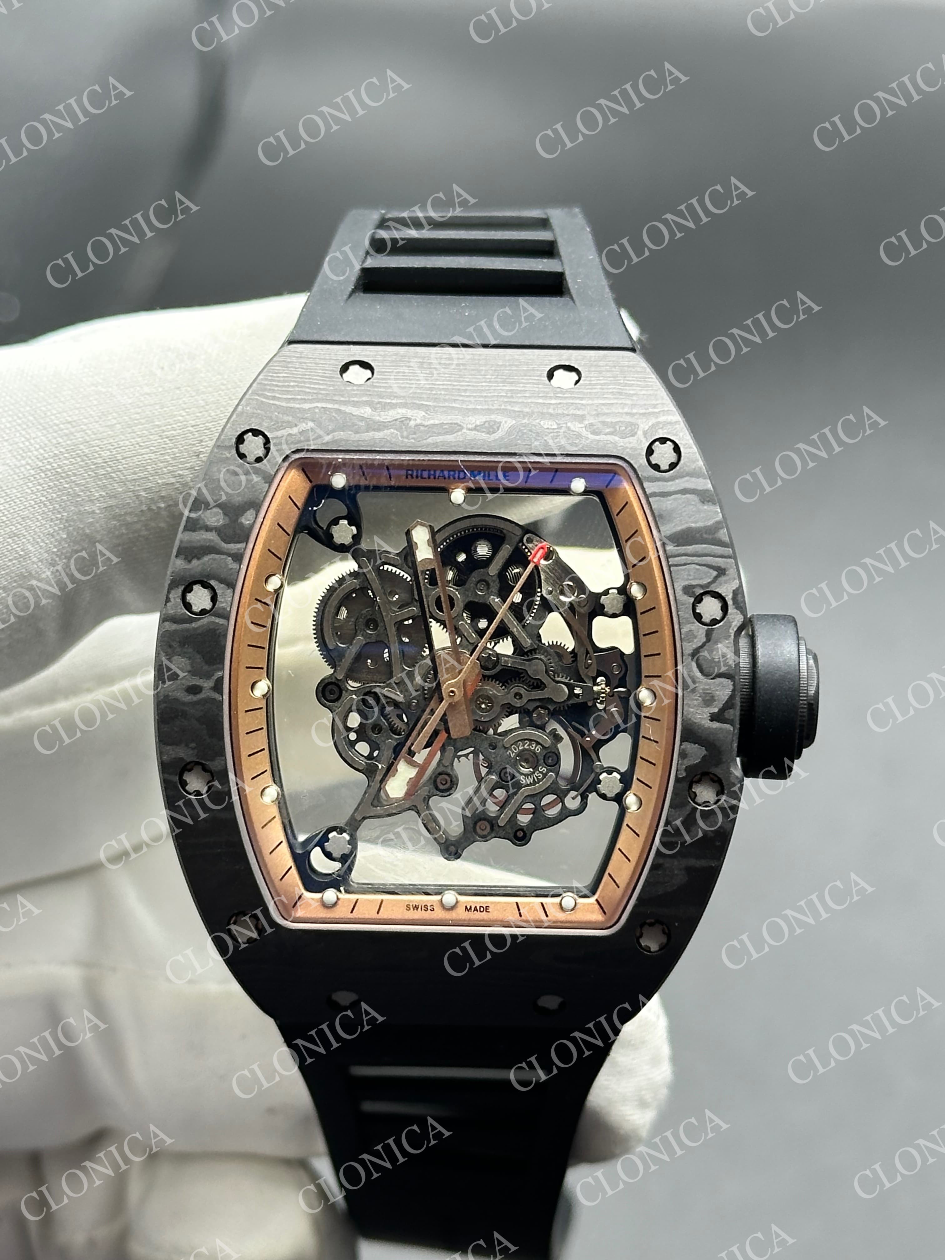 RM055 NTPT CARBON ROSE/BLACK INNER BEZEL ON BLACK RUBBER STRAP RMUL2 — view 1