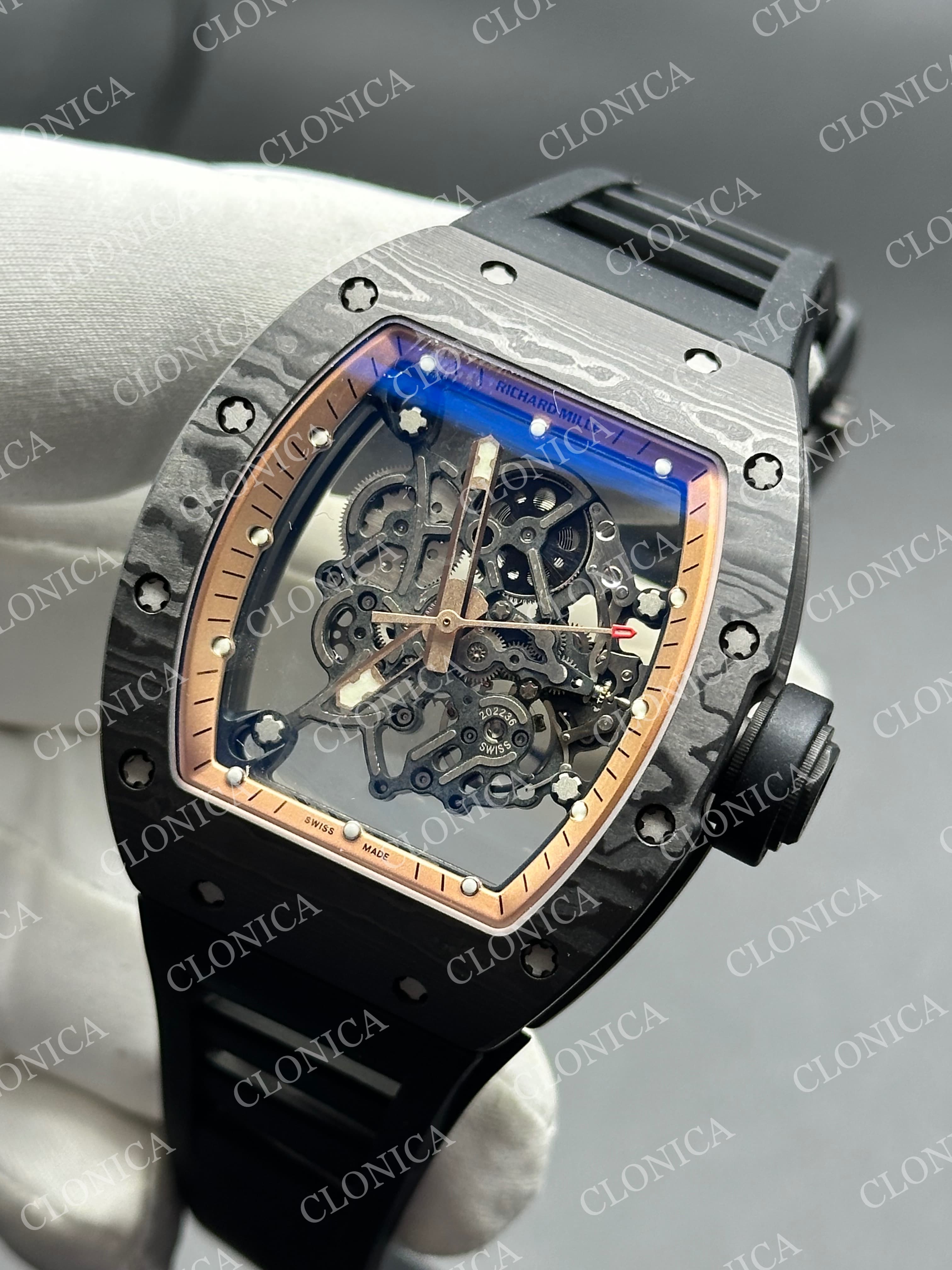 RM055 NTPT CARBON ROSE/BLACK INNER BEZEL ON BLACK RUBBER STRAP RMUL2 — view 3