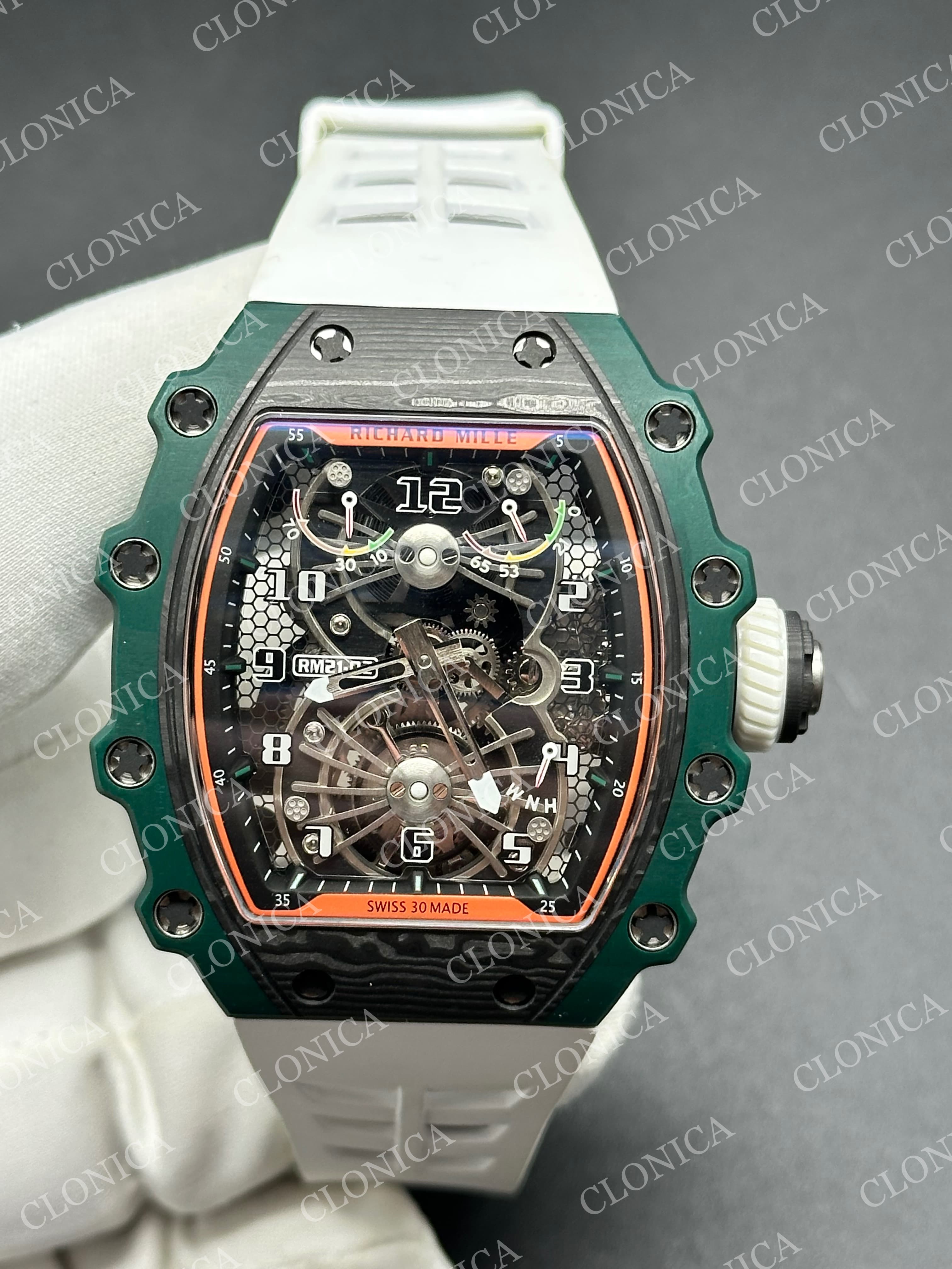 RM021-02 REAL TOURBILLON BLACK CARBON SKELETON DIAL ON WHITE RUBBER STRAP