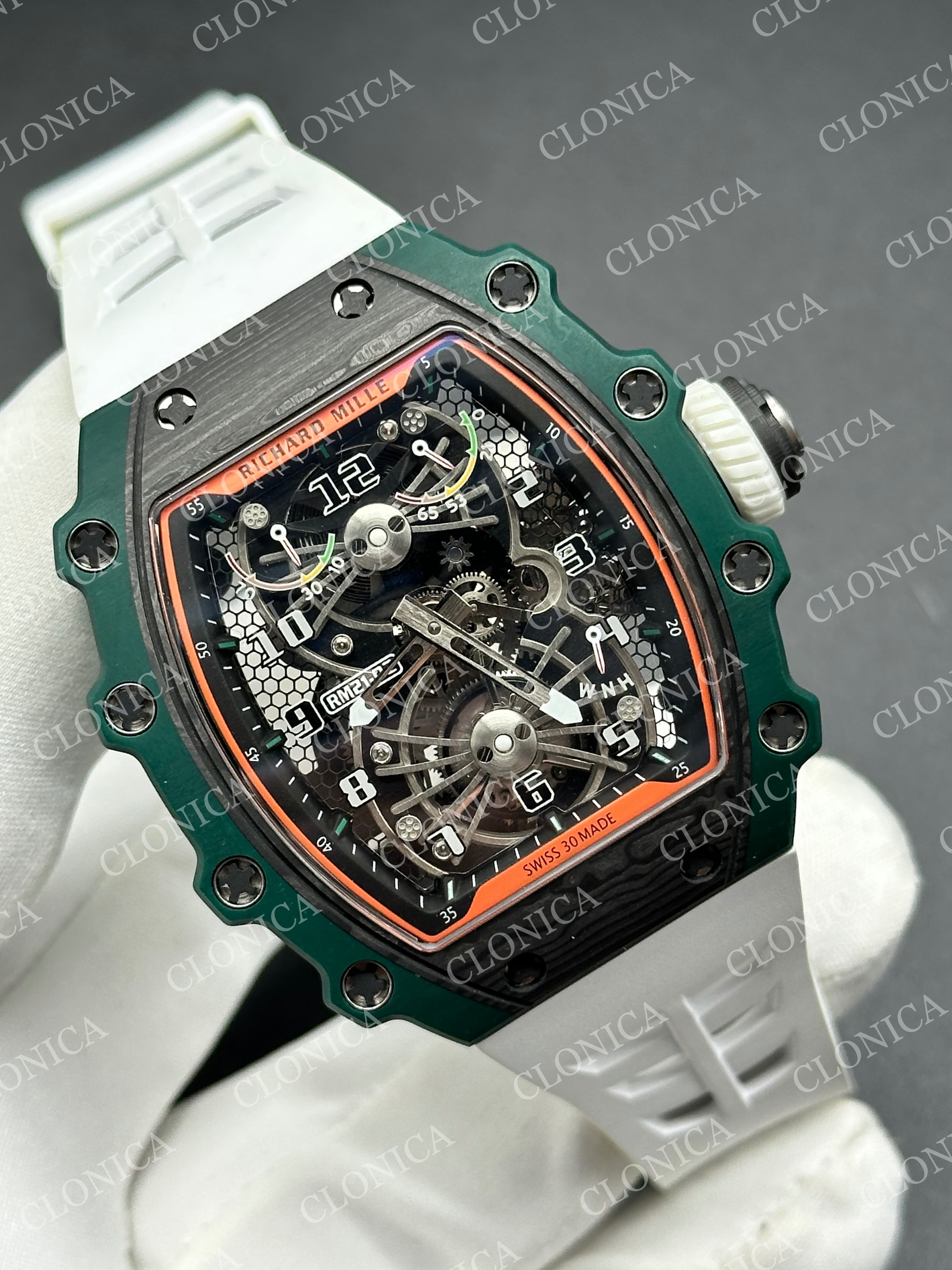 RM021-02 REAL TOURBILLON BLACK CARBON SKELETON DIAL ON WHITE RUBBER STRAP — view 2