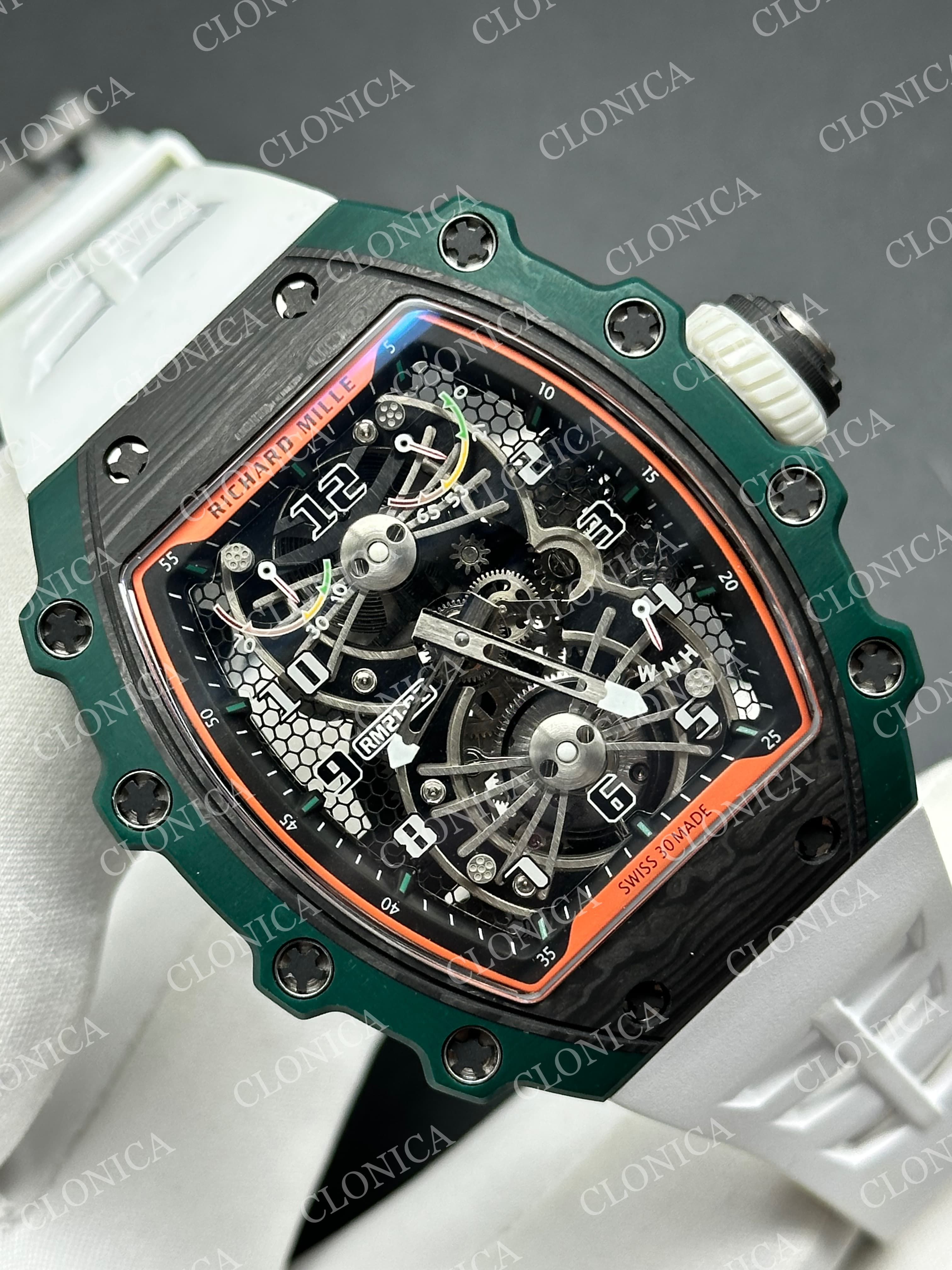RM021-02 REAL TOURBILLON BLACK CARBON SKELETON DIAL ON WHITE RUBBER STRAP — view 3