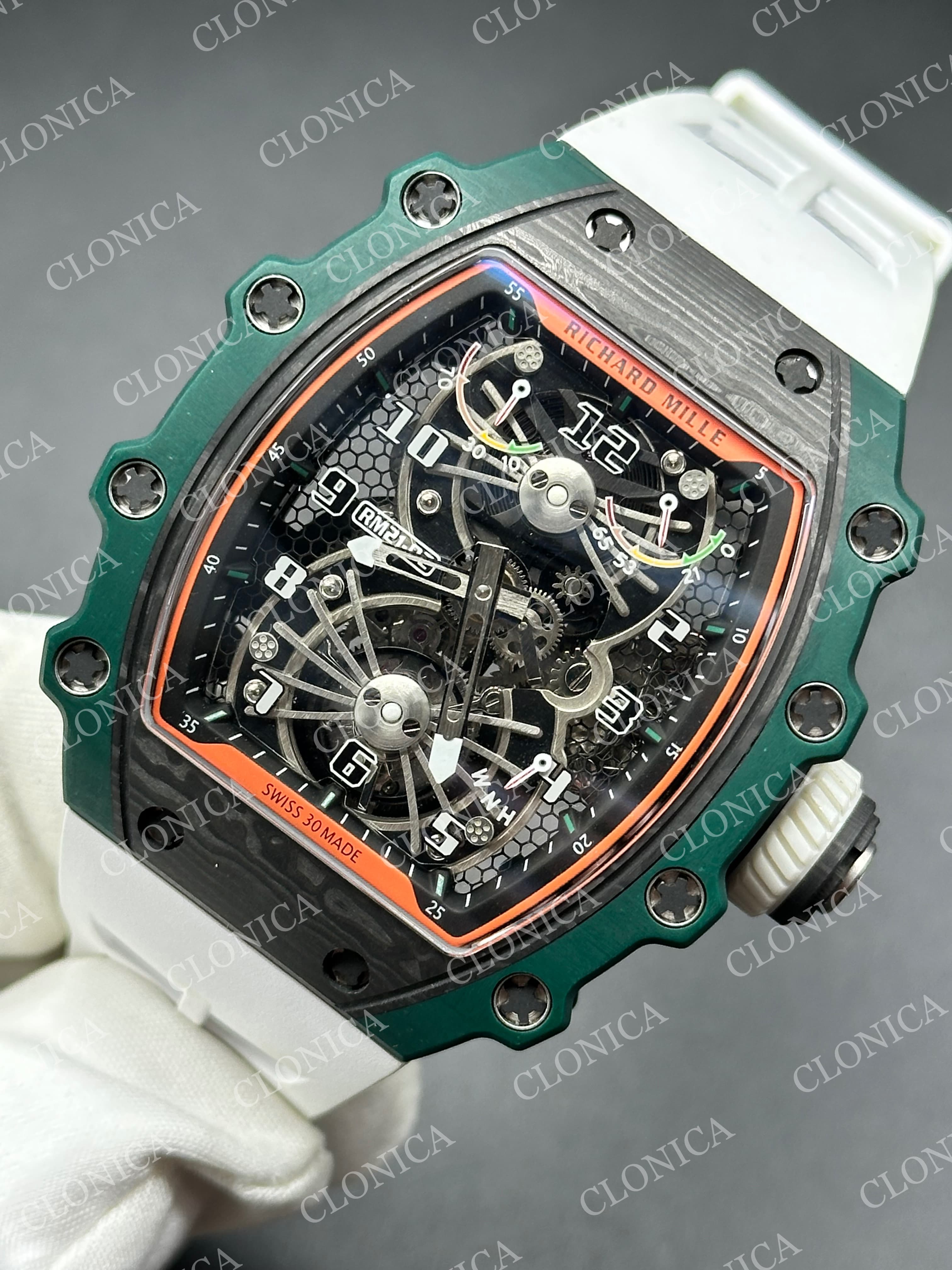 RM021-02 REAL TOURBILLON BLACK CARBON SKELETON DIAL ON WHITE RUBBER STRAP — view 4