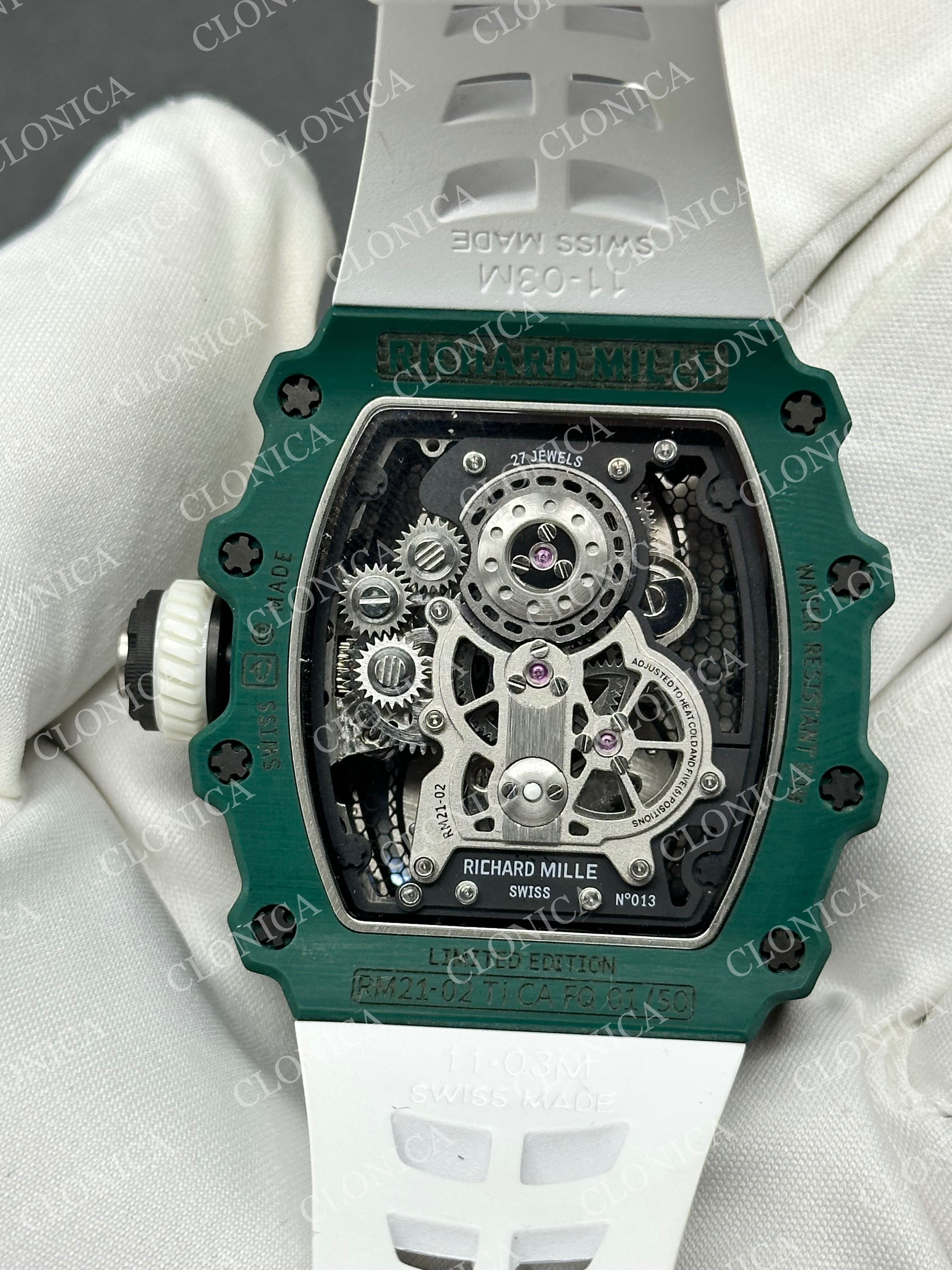 RM021-02 REAL TOURBILLON BLACK CARBON SKELETON DIAL ON WHITE RUBBER STRAP — view 6