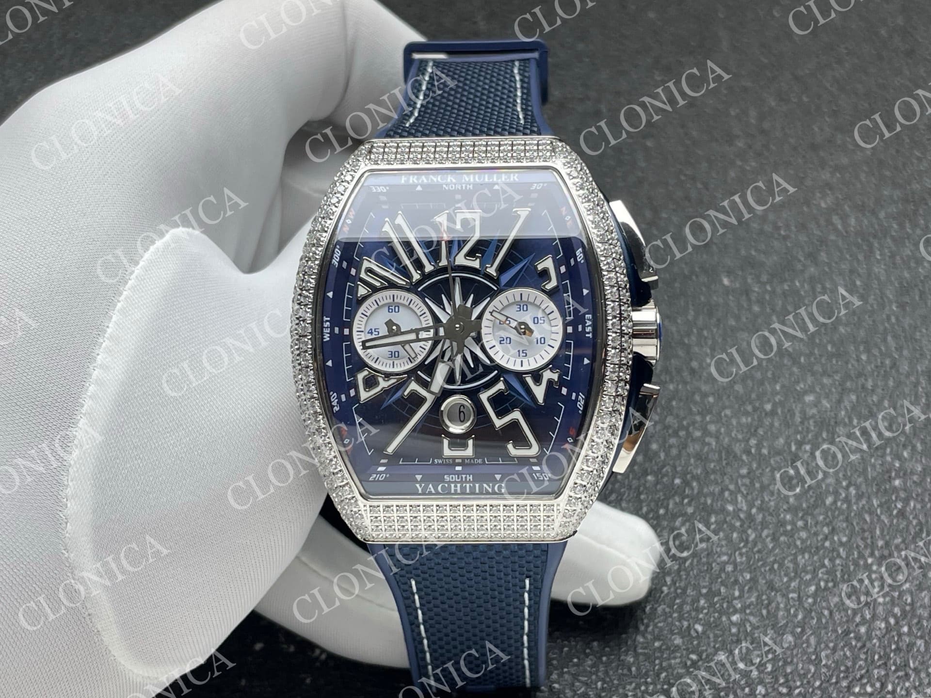 VANGUARD V45 CHRONO BRUSHED SS PAVE CRYSTALS BLUE DIAL — view 1