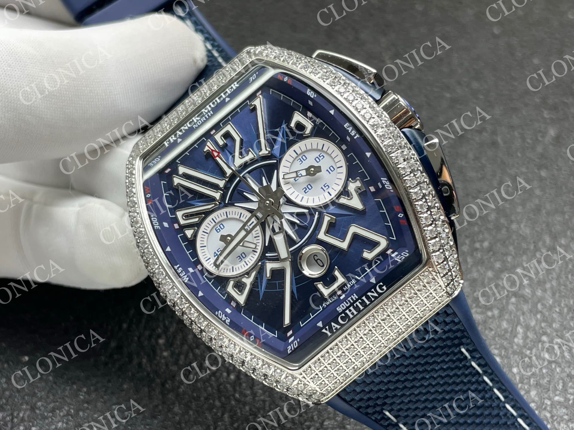 VANGUARD V45 CHRONO BRUSHED SS PAVE CRYSTALS BLUE DIAL — view 2