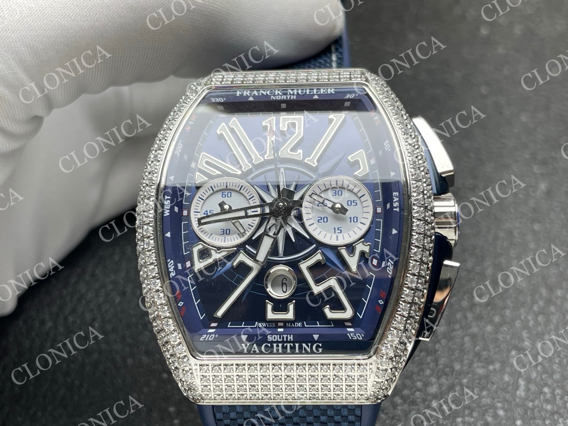 VANGUARD V45 CHRONO BRUSHED SS PAVE CRYSTALS BLUE DIAL — view 3