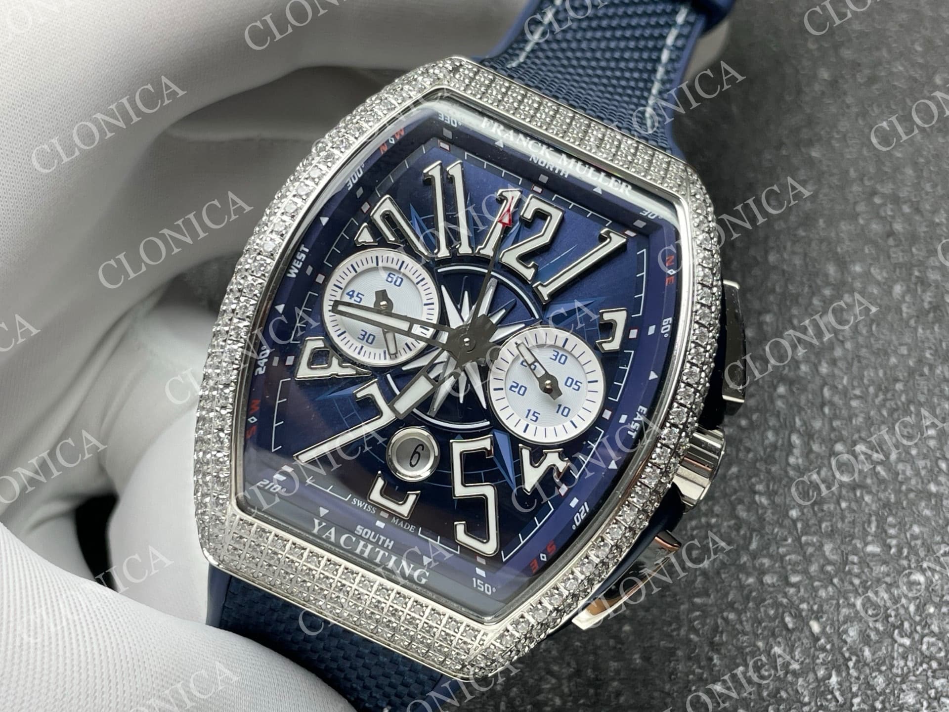VANGUARD V45 CHRONO BRUSHED SS PAVE CRYSTALS BLUE DIAL — view 4