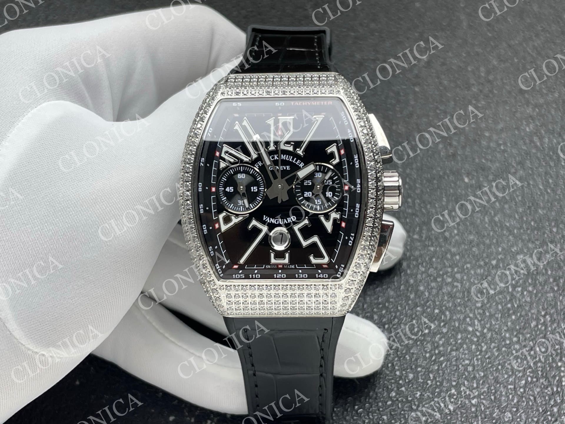 VANGUARD V45 CHRONO BRUSHED SS PAVE CRYSTALS BLACK DIAL — view 1