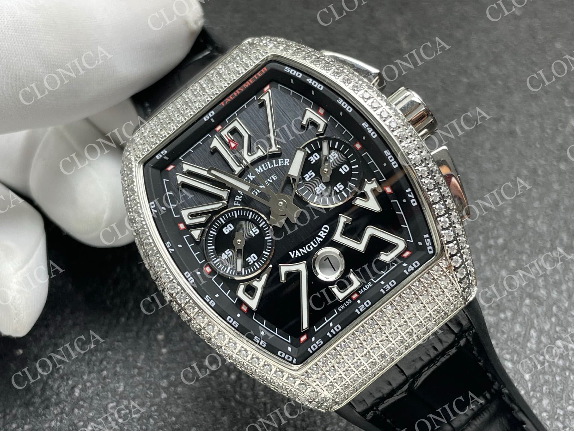 VANGUARD V45 CHRONO BRUSHED SS PAVE CRYSTALS BLACK DIAL — view 2