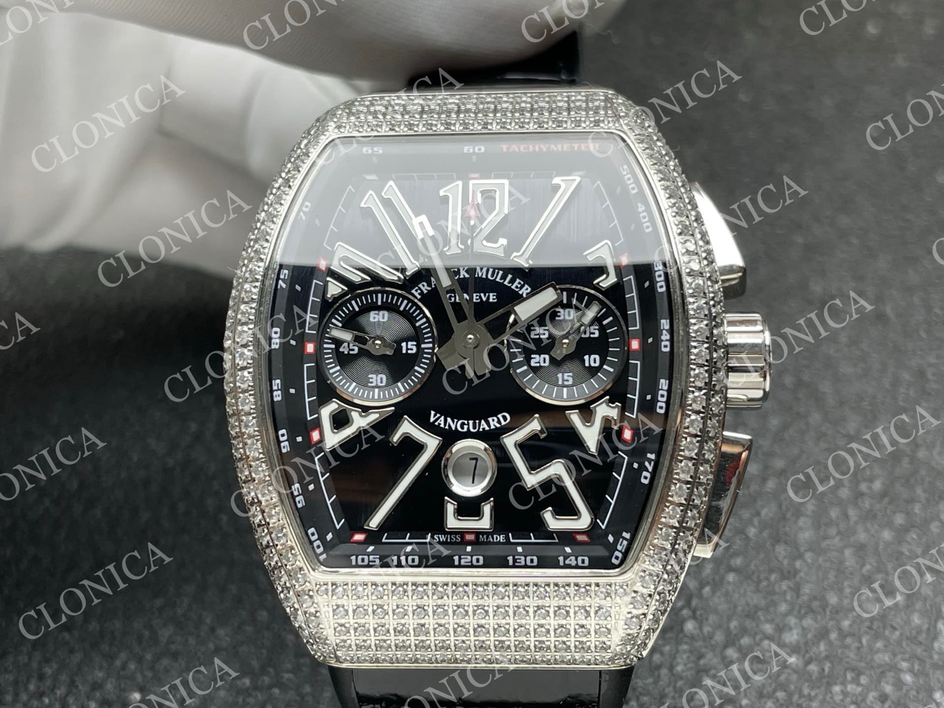 VANGUARD V45 CHRONO BRUSHED SS PAVE CRYSTALS BLACK DIAL — view 3