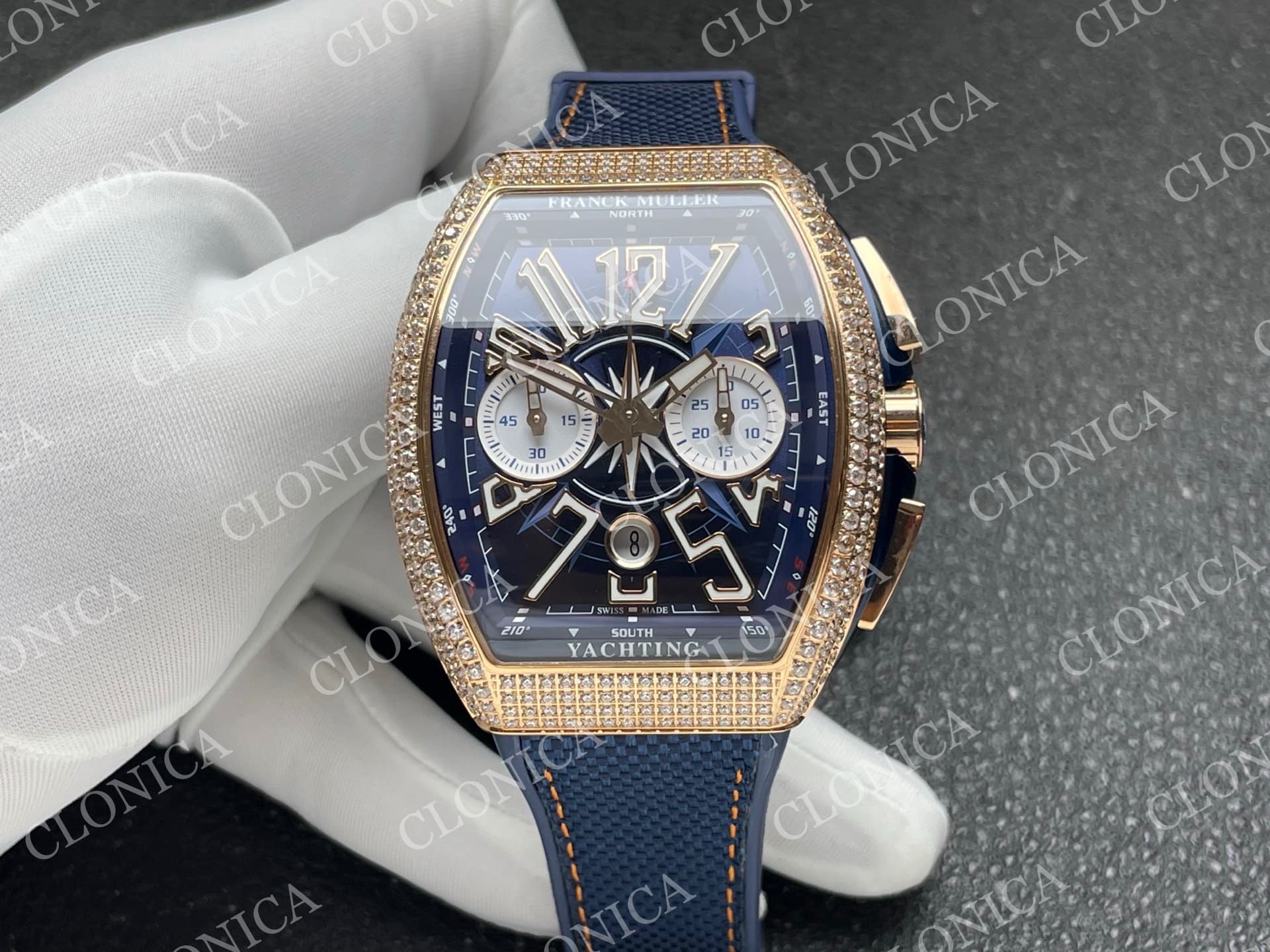 VANGUARD V45 CHRONO BRUSHED SS PAVE CRYSTALS BLUE DIAL — view 1