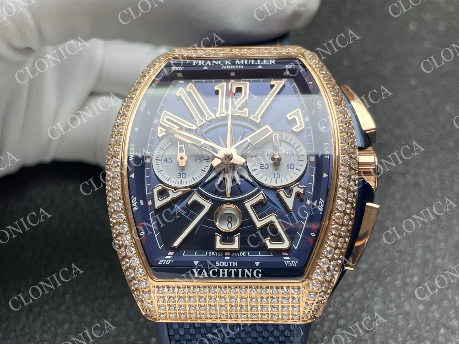 VANGUARD V45 CHRONO BRUSHED SS PAVE CRYSTALS BLUE DIAL — view 3
