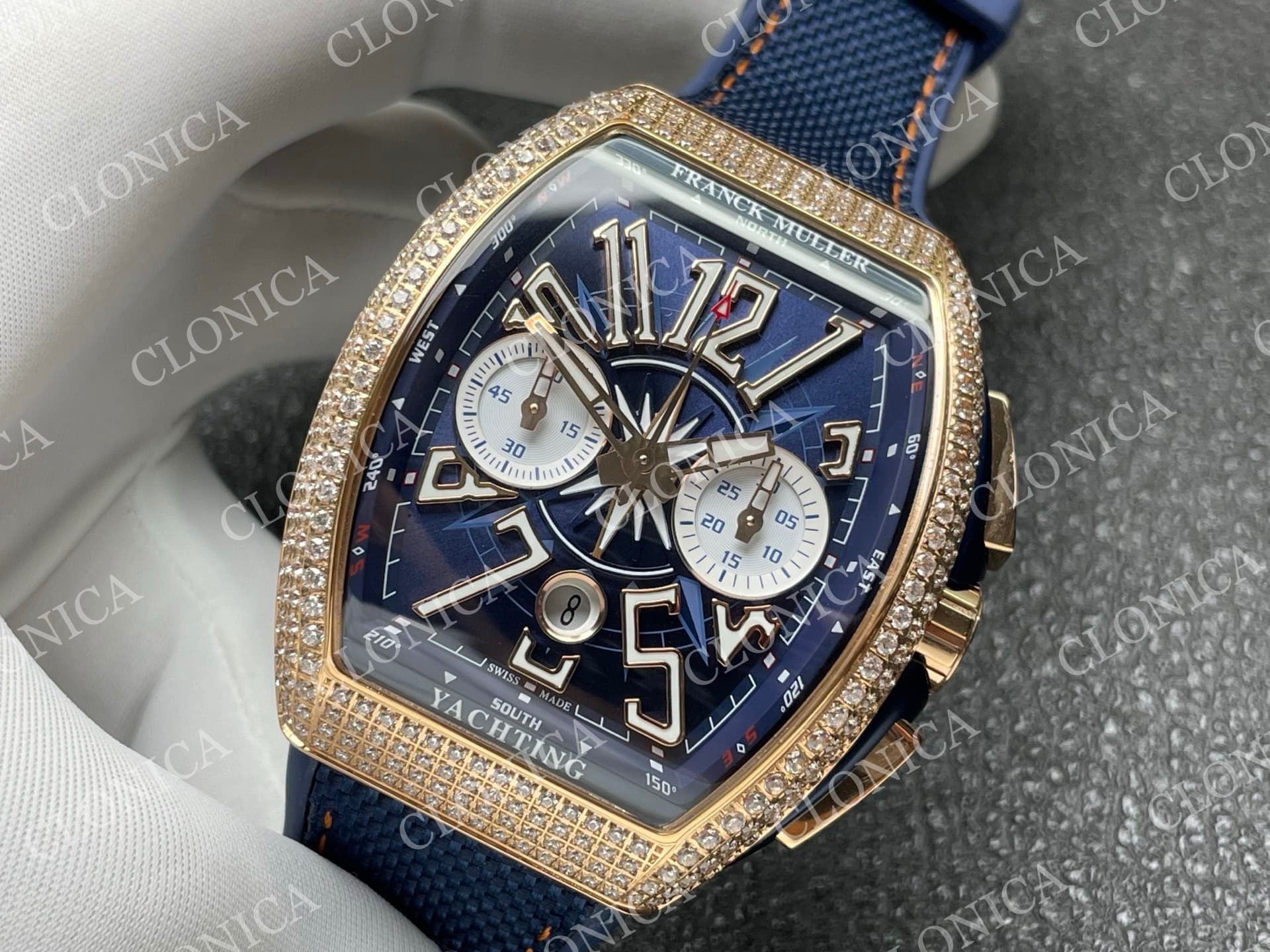 VANGUARD V45 CHRONO BRUSHED SS PAVE CRYSTALS BLUE DIAL — view 4