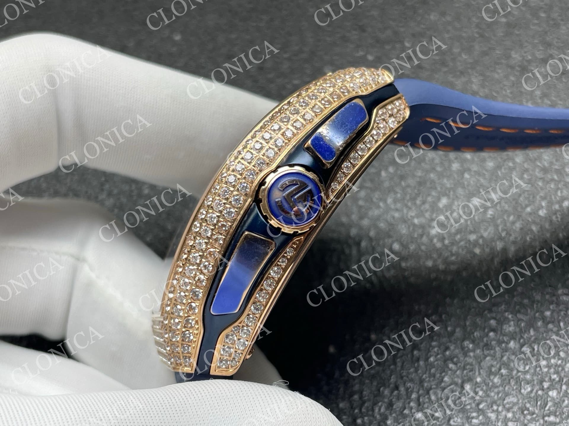 VANGUARD V45 CHRONO BRUSHED SS PAVE CRYSTALS BLUE DIAL — view 7